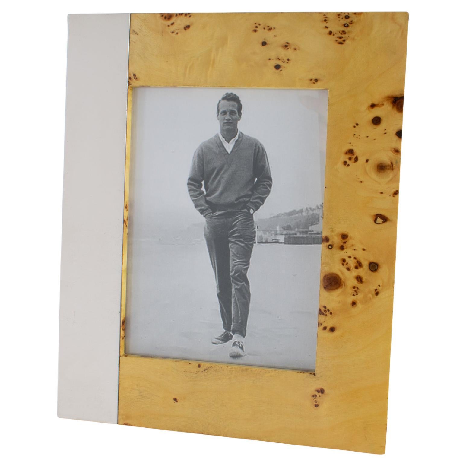 Milo Baughman Marco modernista de madera burl y metal, hacia 1960