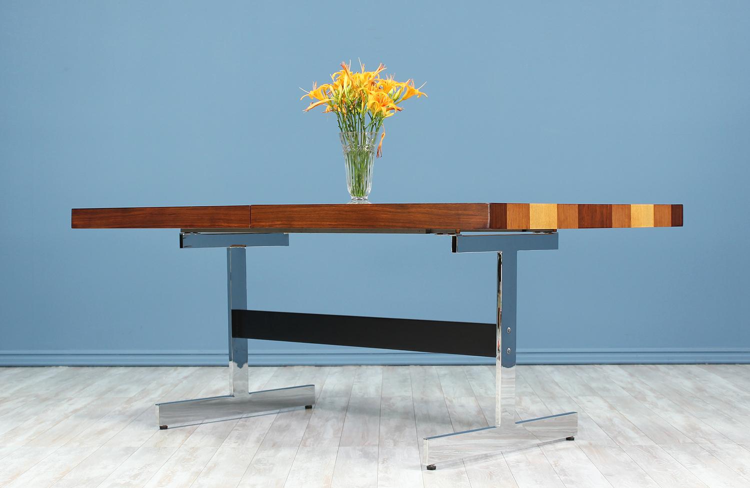 Milo Baughman Multi-Wood and Chrome Dining Table for Directional 1