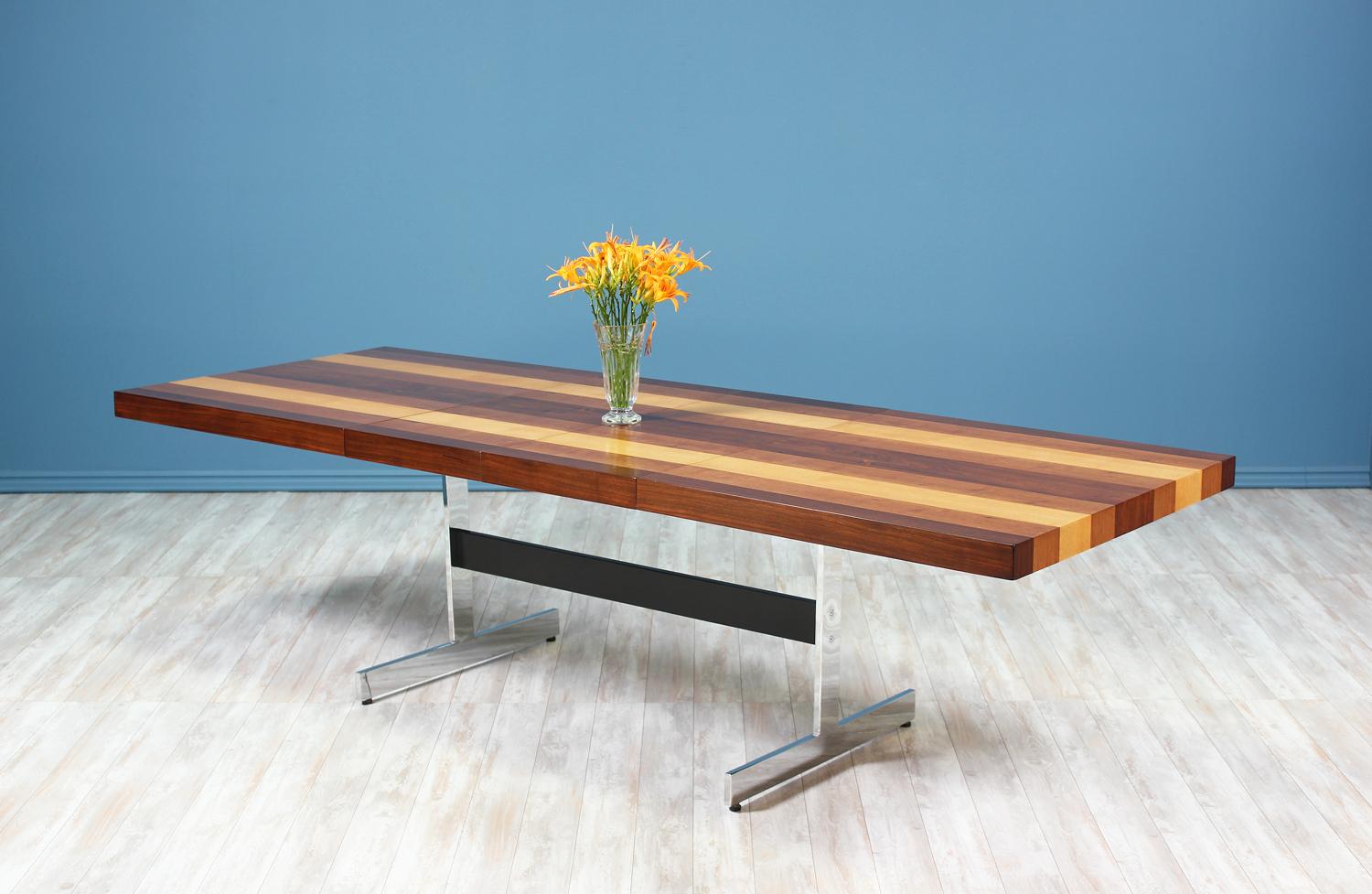 Mid-20th Century Milo Baughman Multi-Wood and Chrome Dining Table for Directional