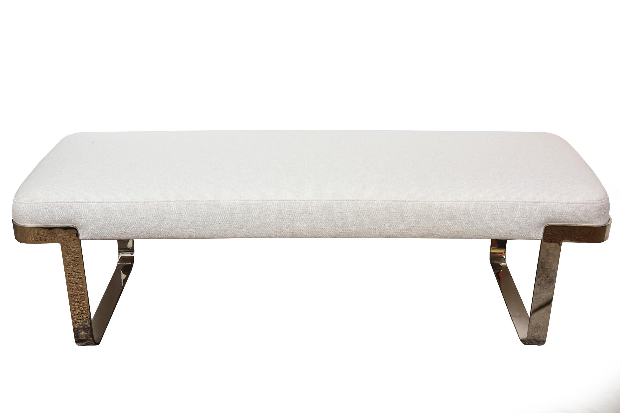 This classic and timeless vintage Tri Mark Designs bench is always chic and modern. It has been restored with nickel plating over the chrome and new upholstery and new insides have been changed. The new lovely upholstery is a white weave with some