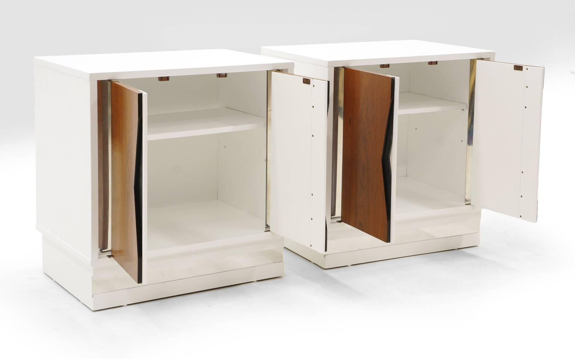Hollywood Regency Milo Baughman Nightstands, Pair, White Lacquer and Rosewood with Chrome Accents