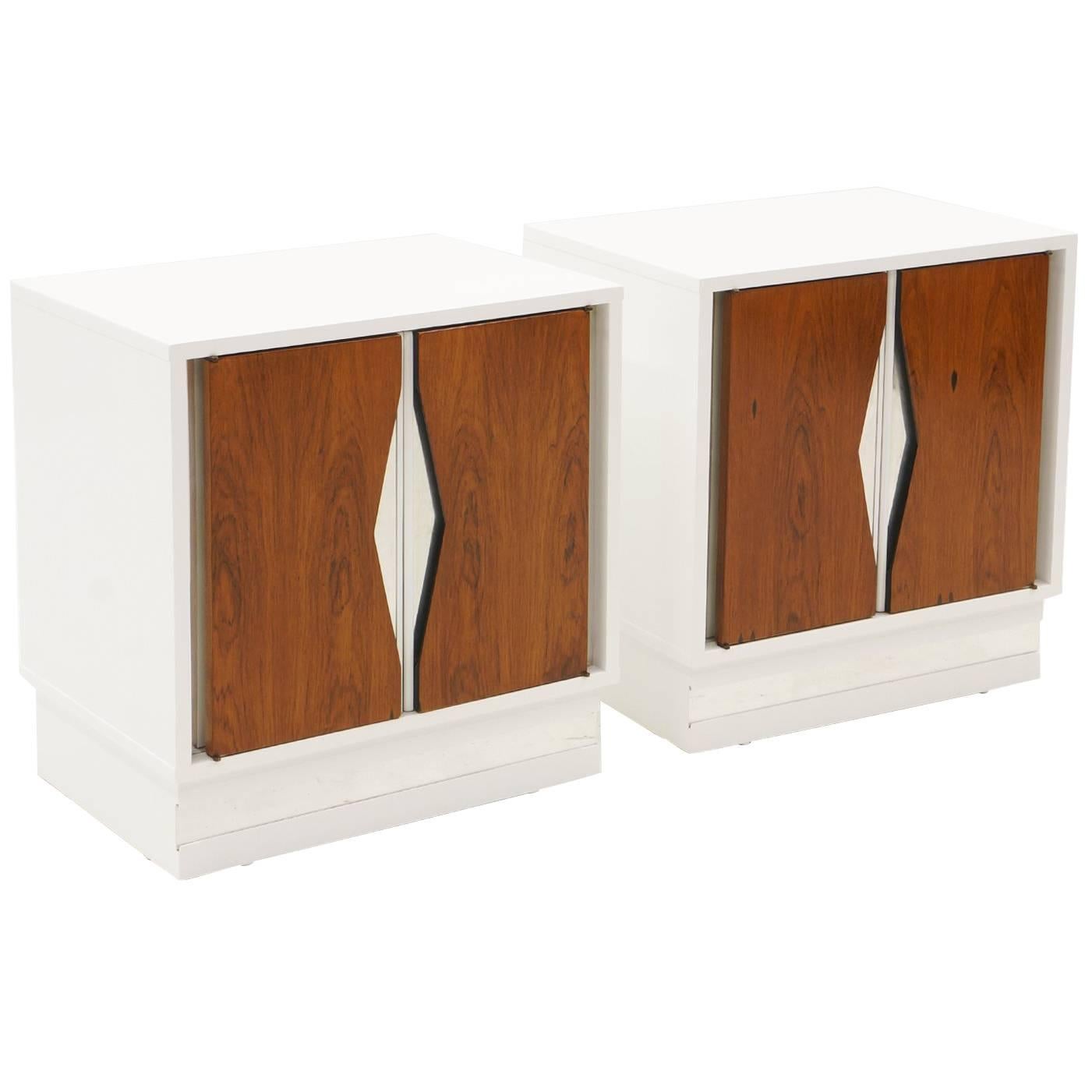 Milo Baughman Nightstands, Pair, White Lacquer and Rosewood with Chrome Accents