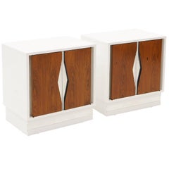 Milo Baughman Nightstands, Pair, White Lacquer and Rosewood with Chrome Accents