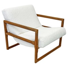 Milo Baughman Oak Framed Scoop Lounge Chair, White Bouclé, 1980s