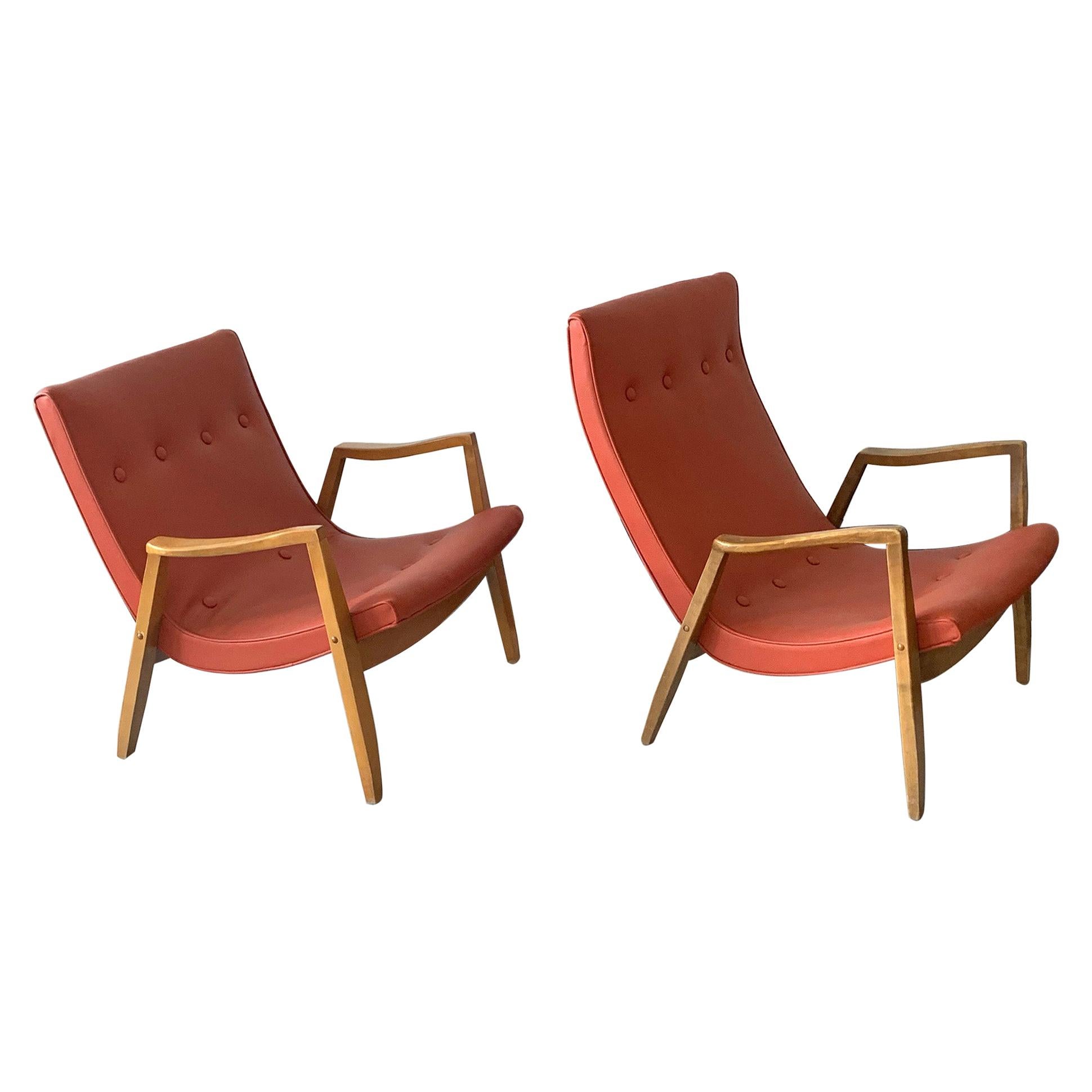 Milo Baughman Oak Scoop Lounge Chairs for James, a Pair