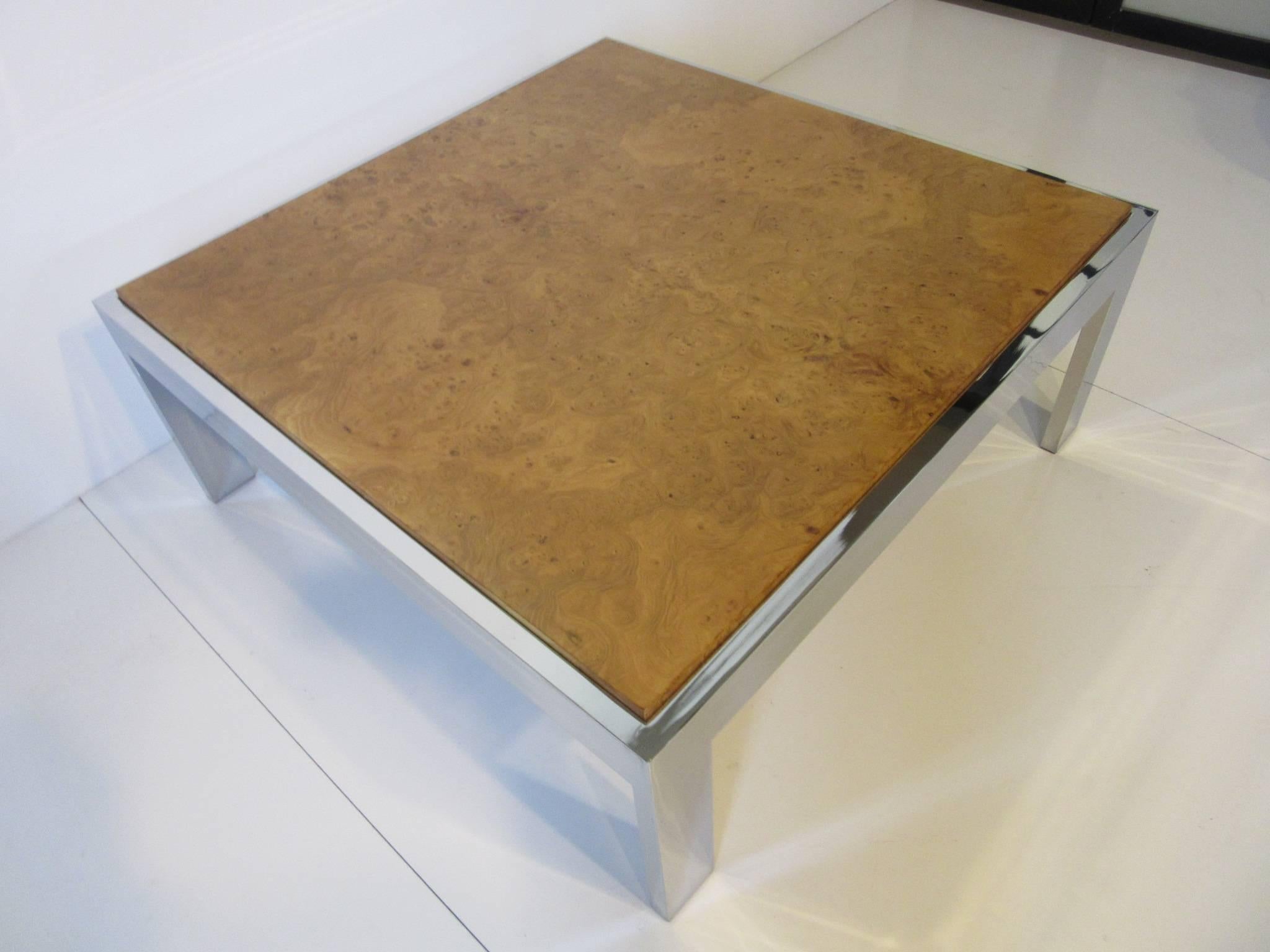 20th Century Milo Baughman Style Olive Burl and Chrome Coffee Table
