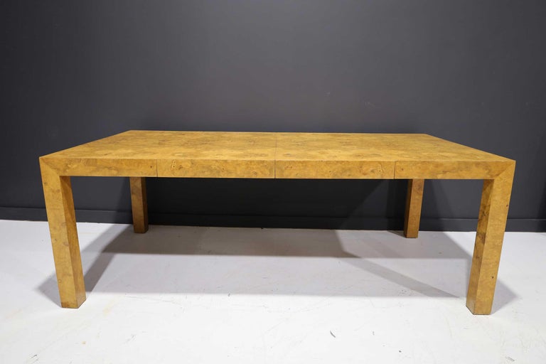 North American Milo Baughman Olivewood Burl Parsons Dining Table For Sale