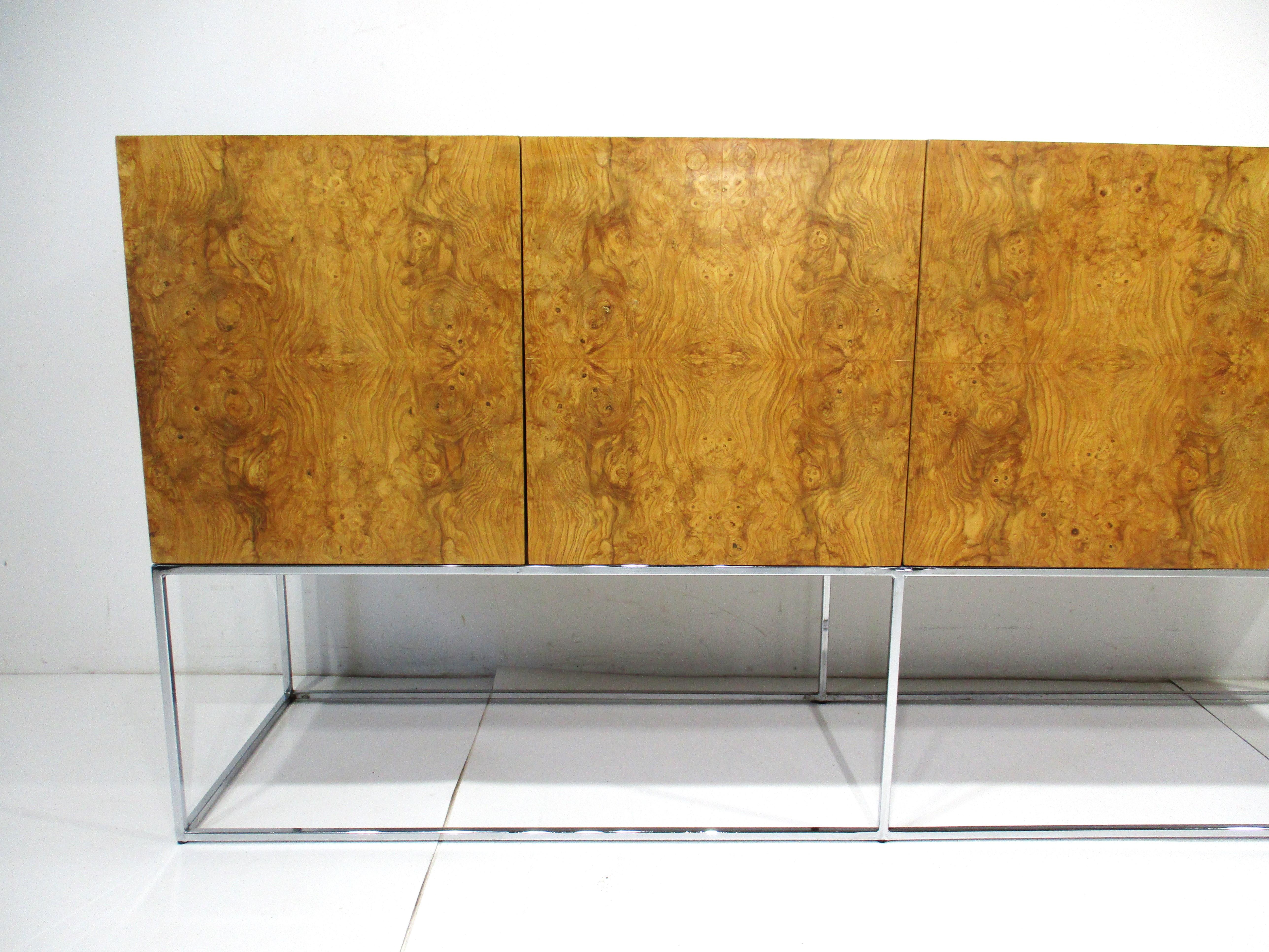 American Milo Baughman Olivewood Chrome Credenza or Server by Thayer Coggin For Sale