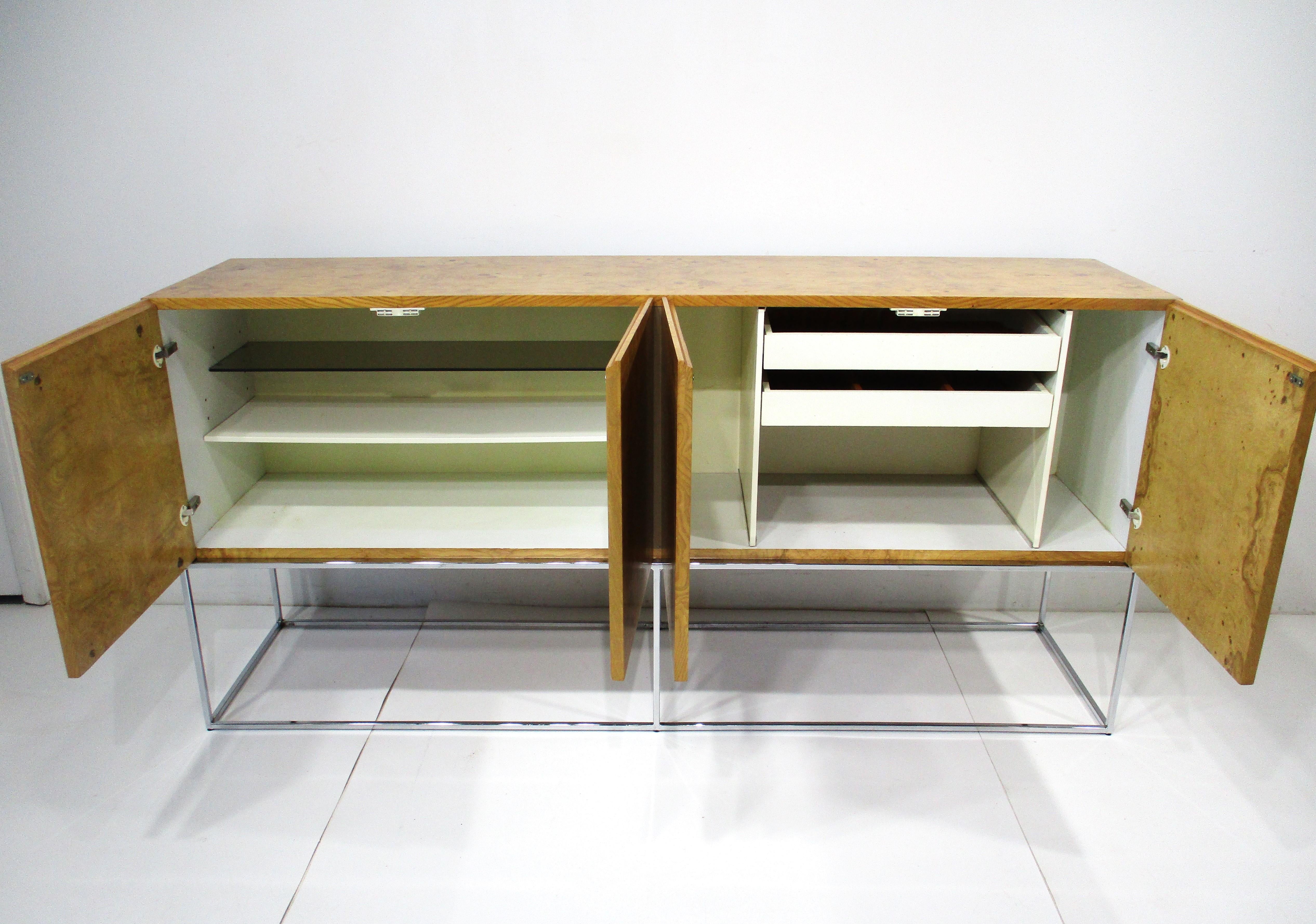 20th Century Milo Baughman Olivewood Chrome Credenza or Server by Thayer Coggin