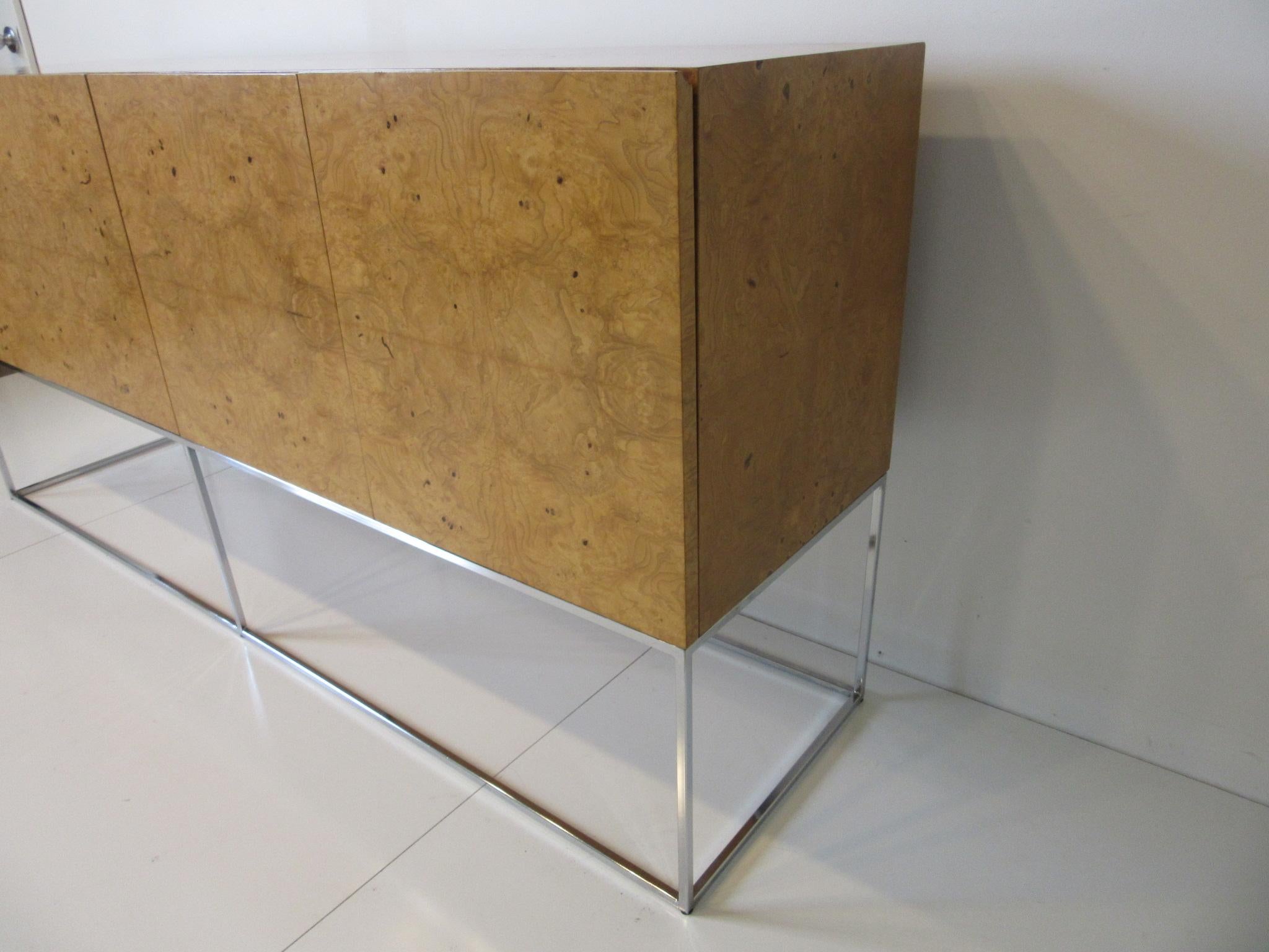 American Milo Baughman Olivewood Chrome Credenza or Server by Thayer Coggin
