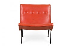 Milo Baughman Orange Tufted Vinyl Upholstery and Iron Scoop Lounge / Side Chair