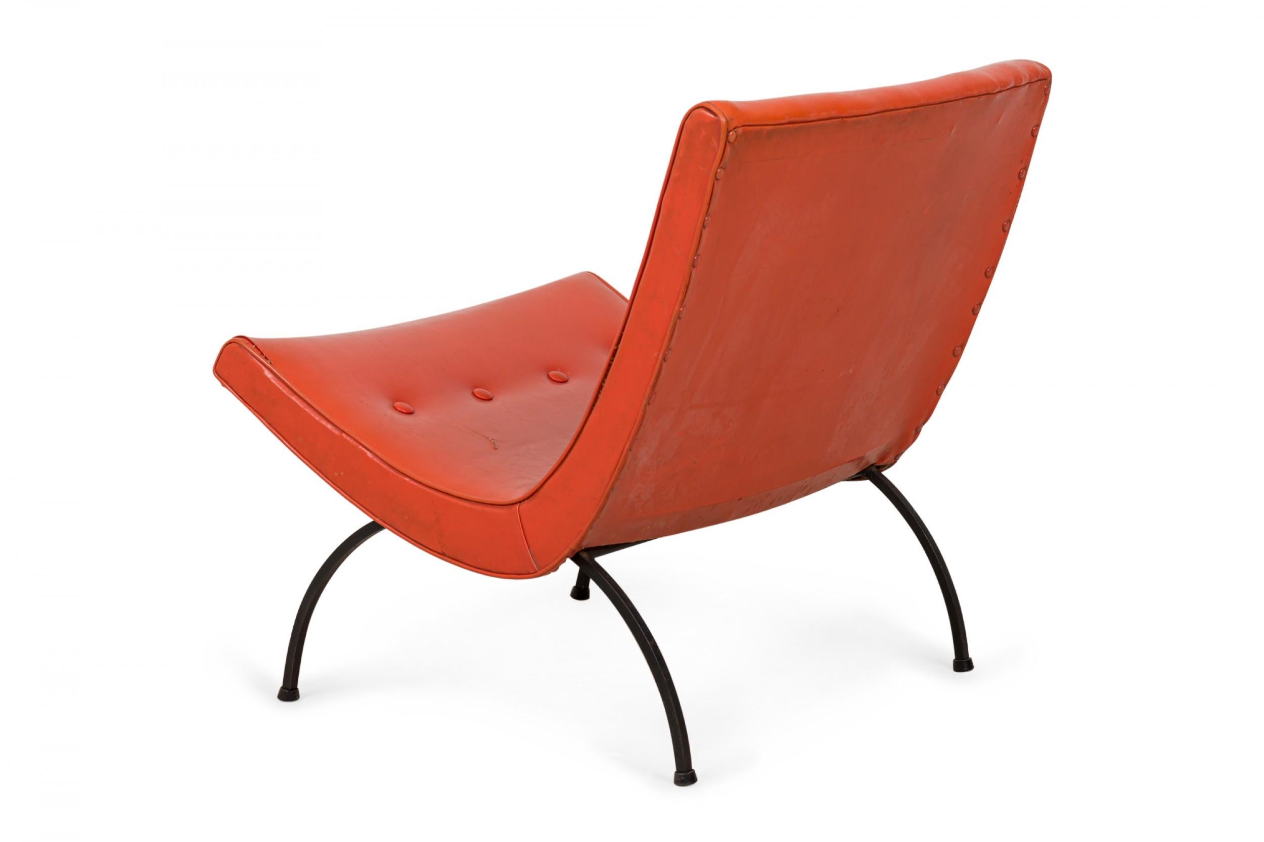 Mid-Century Modern Milo Baughman Orange Tufted Vinyl Upholstery and Iron Scoop Lounge / Side Chair For Sale