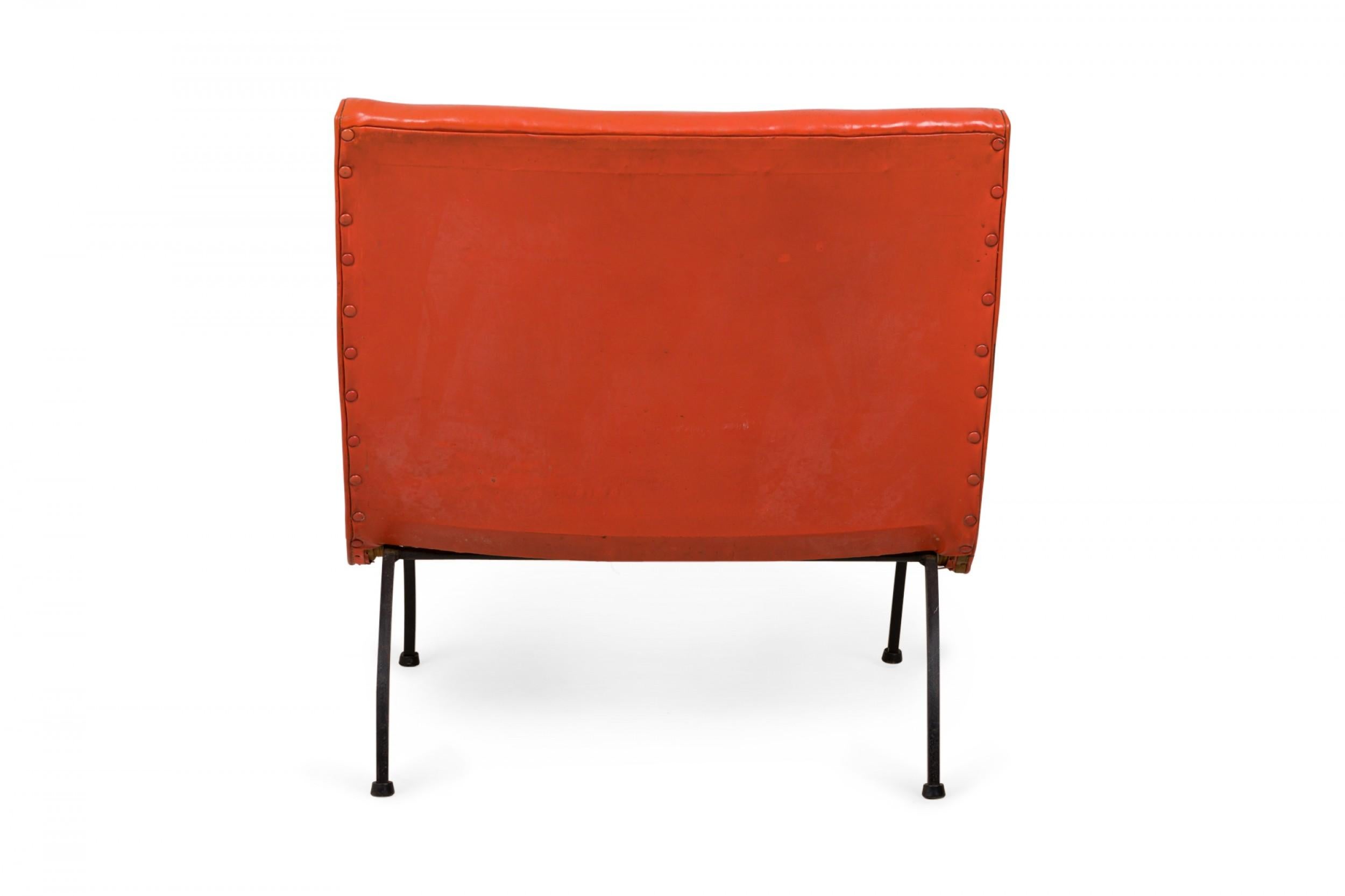 American Milo Baughman Orange Tufted Vinyl Upholstery and Iron Scoop Lounge / Side Chair For Sale