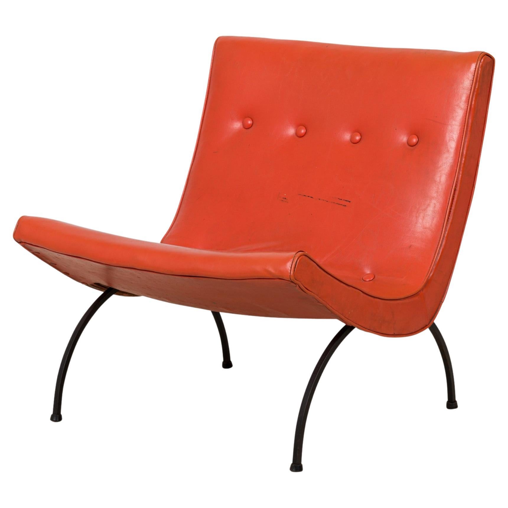 Milo Baughman Orange Tufted Vinyl Upholstery and Iron Scoop Lounge / Side Chair