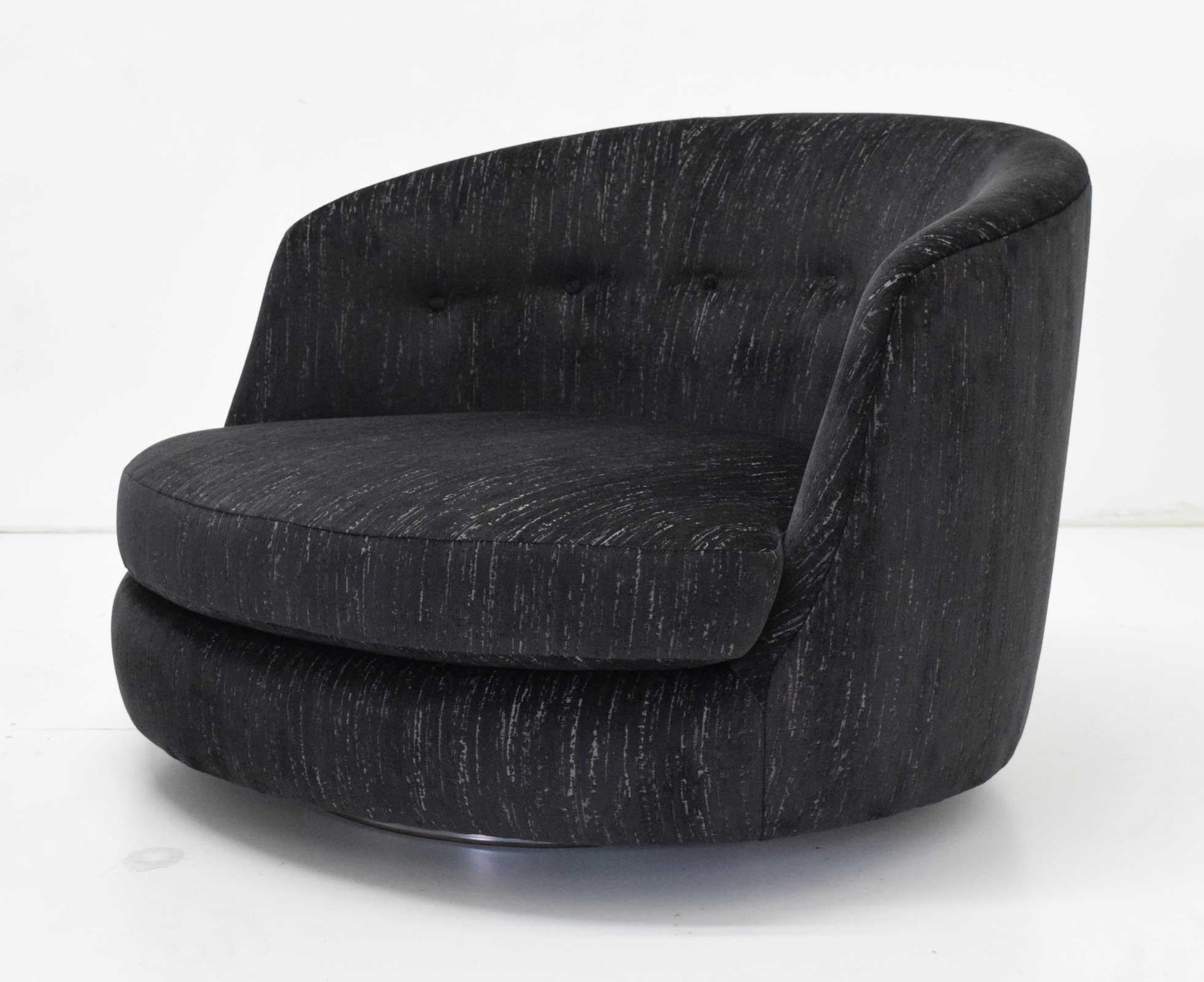 American Milo Baughman Oversized Swivel Satellite Chairs, Black Cut Velvet, 1970s