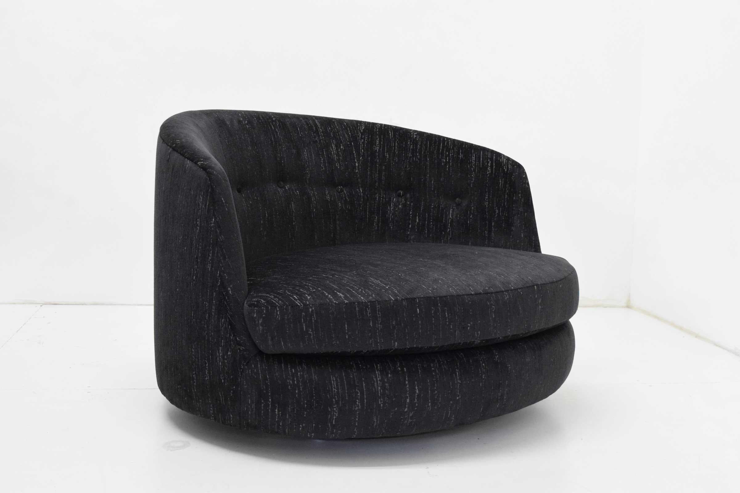 Metal Milo Baughman Oversized Swivel Satellite Chairs, Black Cut Velvet, 1970s