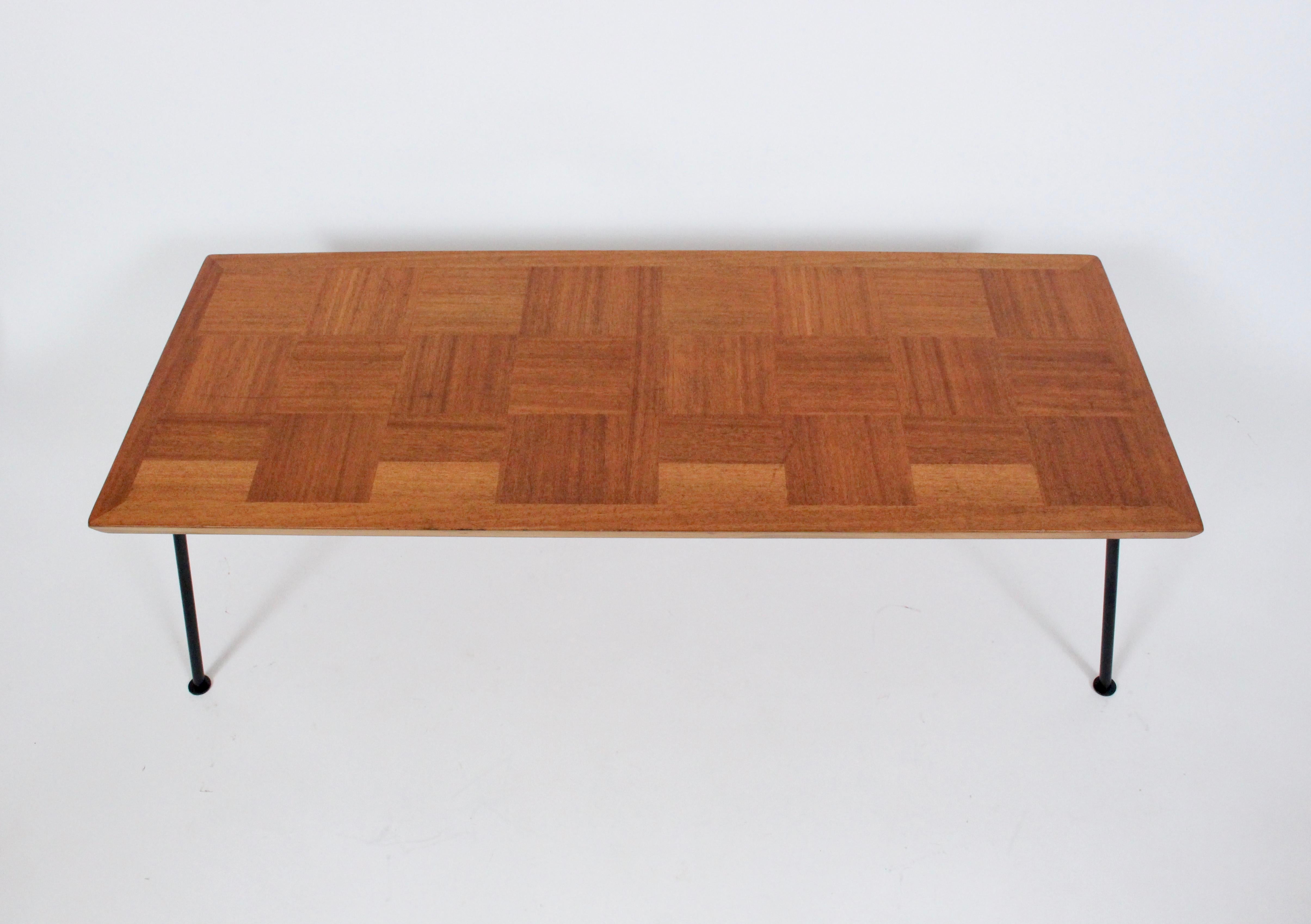 American Milo Baughman Pacific Iron Style Mahogany, Maple & Iron Parquetry Coffee Table