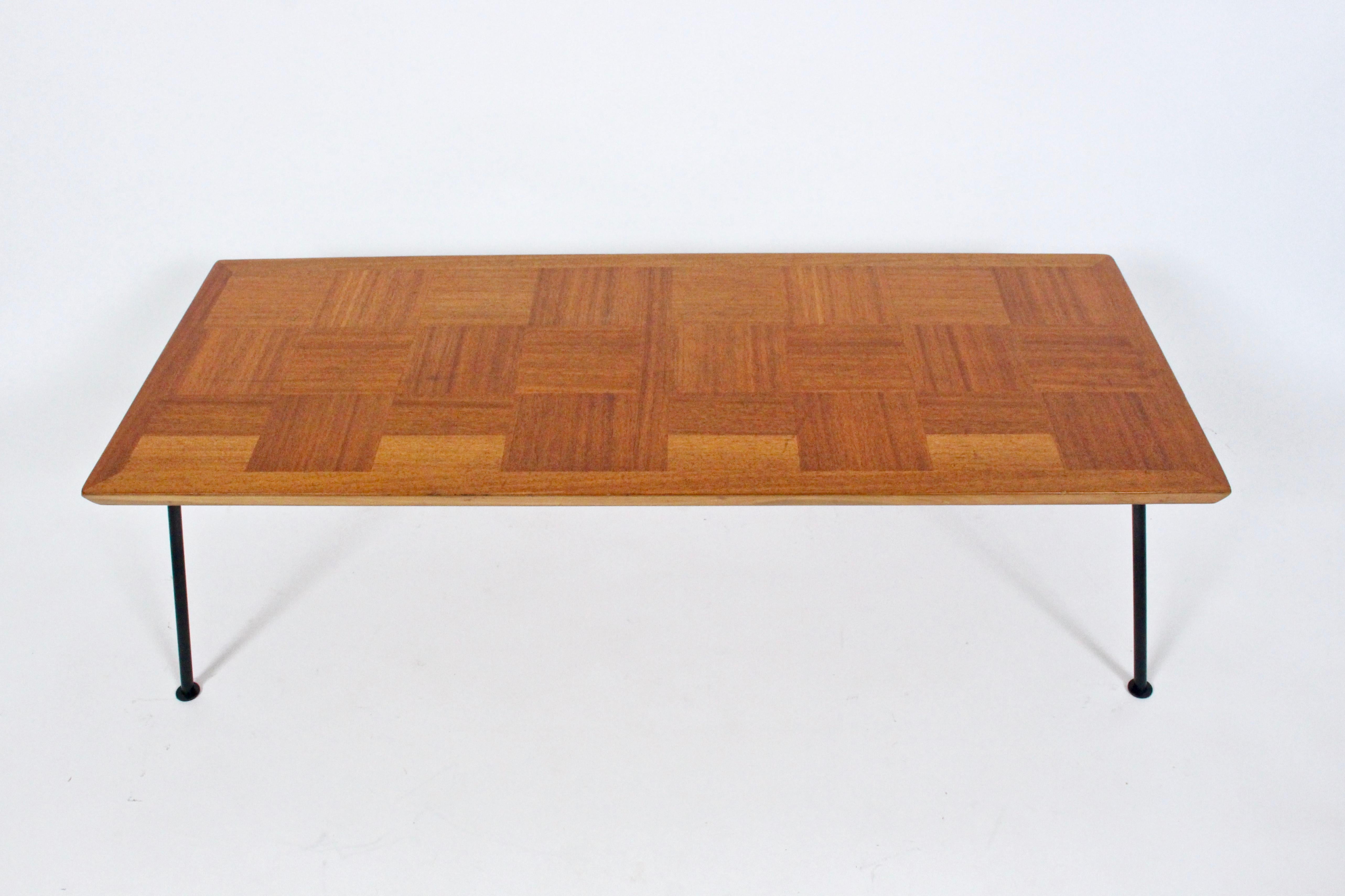 Lacquered Milo Baughman Pacific Iron Style Mahogany, Maple & Iron Parquetry Coffee Table
