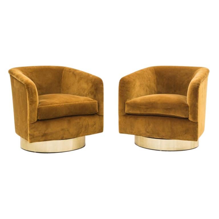 Milo Baughman, Pair of Bronze Velvet Swivel Chairs, USA, 1970s