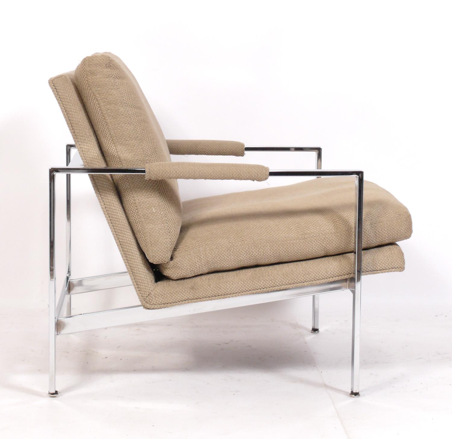 Clean Lined Chrome Mid Century Lounge Chairs, designed by Milo Baughman for Thayer Coggin, American, circa 1960s. These chairs are currently being reupholstered and can be completed in your fabric. SImply send us 10 yards of your fabric after