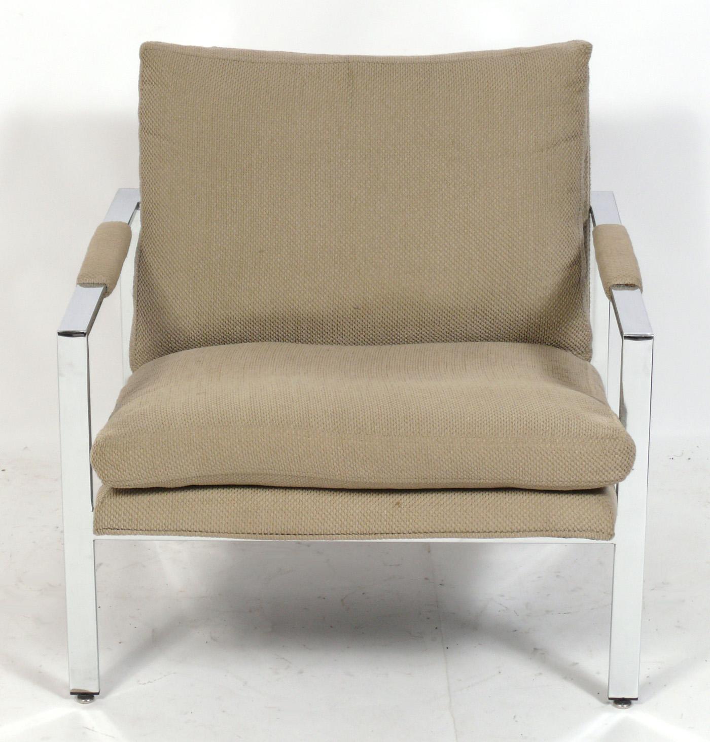 American Milo Baughman Pair of Chrome Lounge Chairs Reupholstered In Your Fabric For Sale