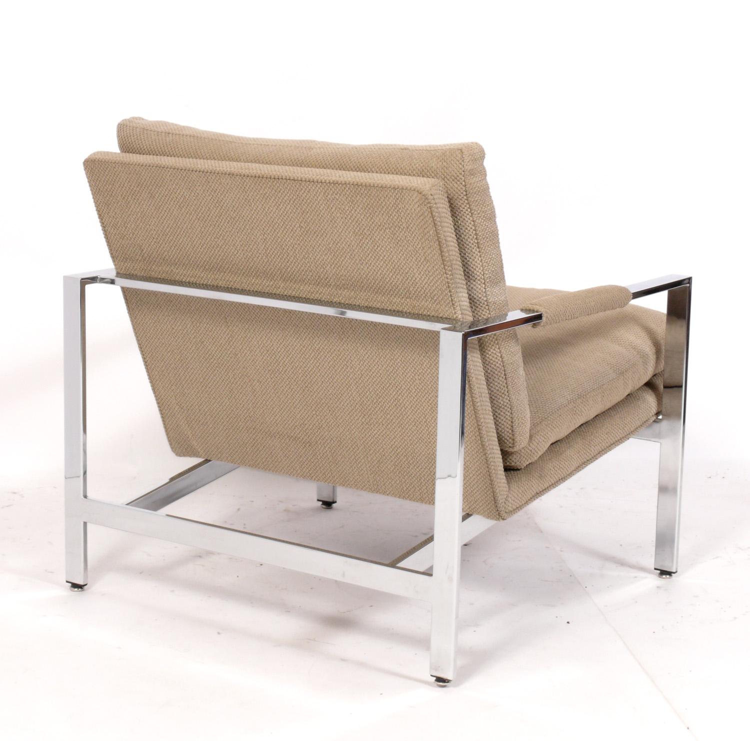 Plated Milo Baughman Pair of Chrome Lounge Chairs Reupholstered In Your Fabric For Sale