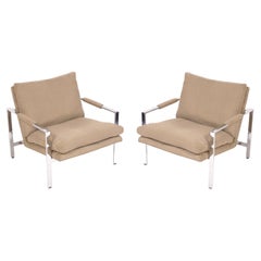 Milo Baughman Pair of Chrome Lounge Chairs Reupholstered In Your Fabric