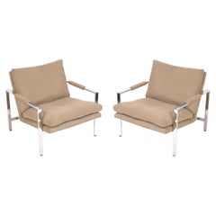 Retro Milo Baughman Pair of Chrome Lounge Chairs Reupholstered In Your Fabric