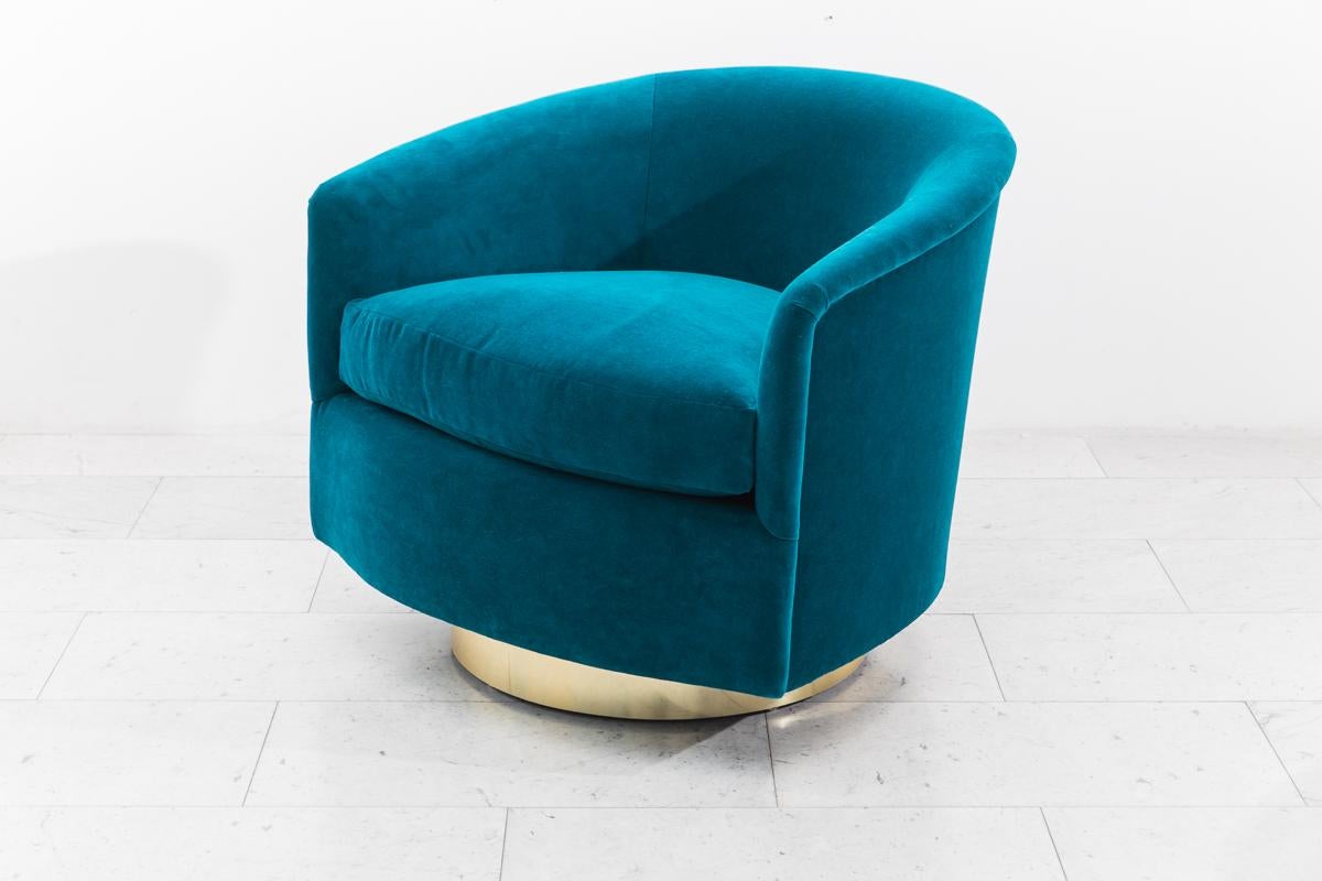 Milo Baughman, Pair of Dark Teal Swivel Chairs with Gold Base, USA 3