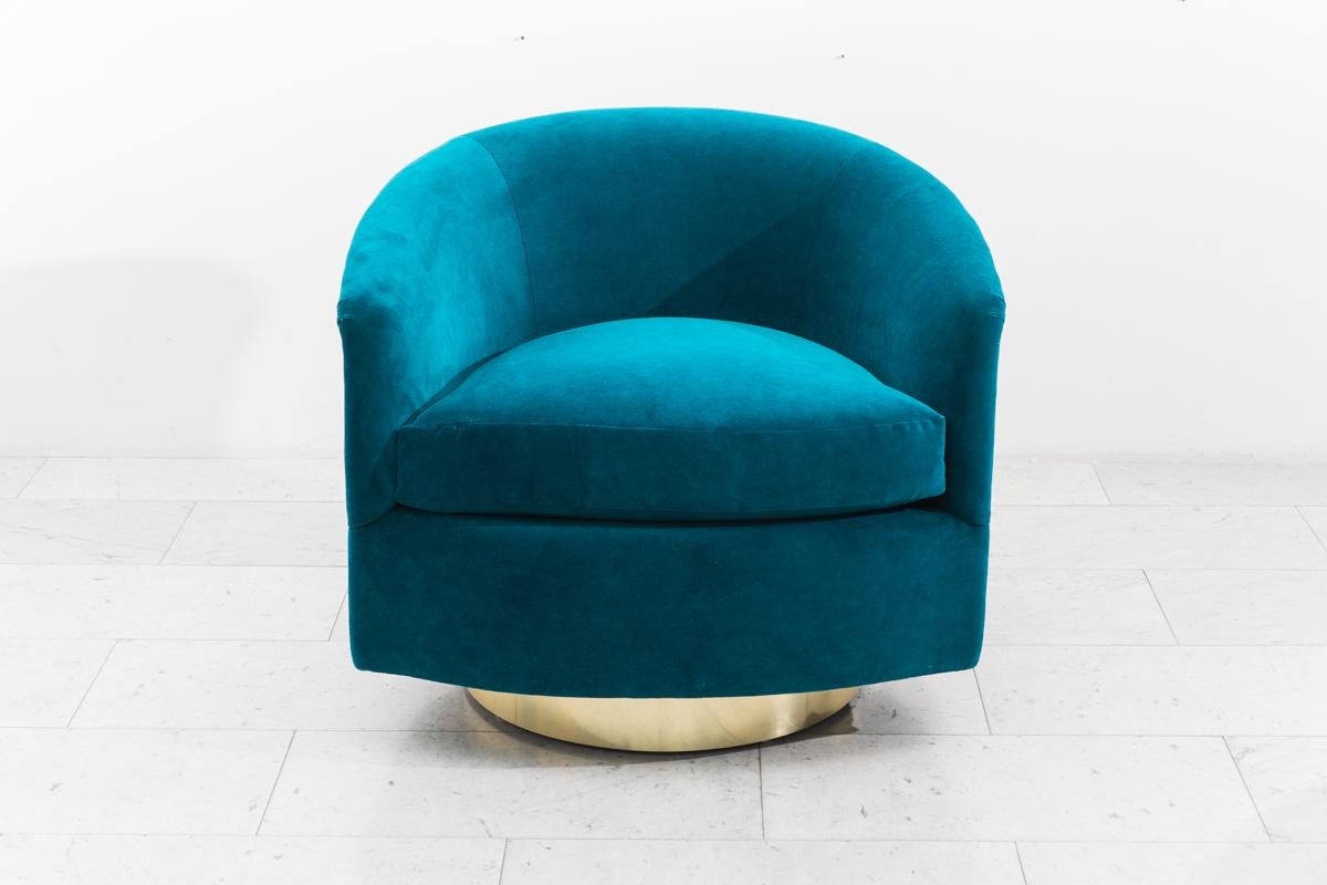 Milo Baughman, Pair of Dark Teal Swivel Chairs with Gold Base, USA 4