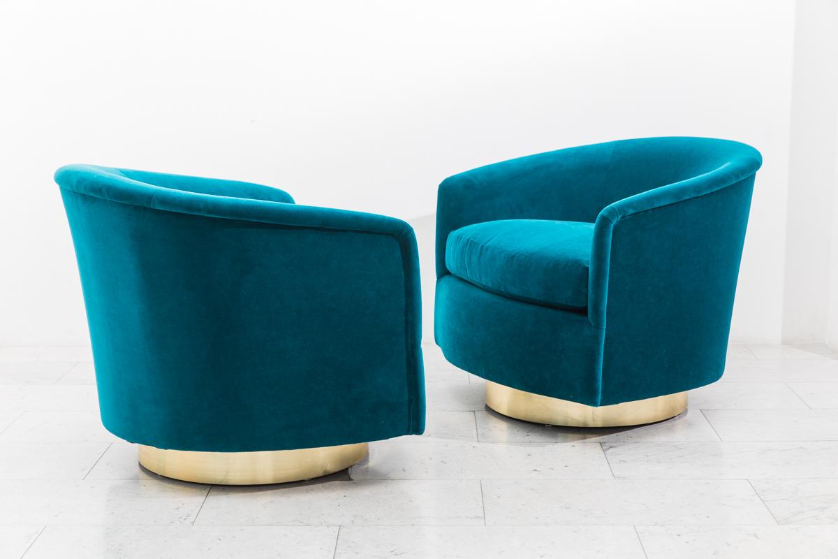 American Milo Baughman, Pair of Dark Teal Swivel Chairs with Gold Base, USA