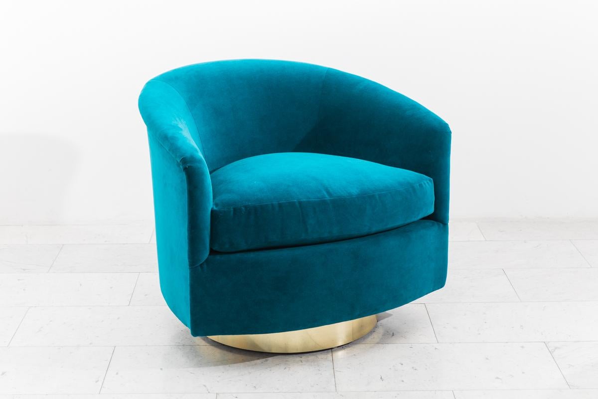 Milo Baughman, Pair of Dark Teal Swivel Chairs with Gold Base, USA In Excellent Condition In New York, NY