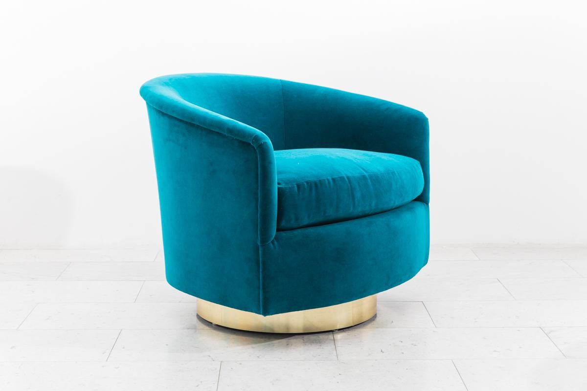 Late 20th Century Milo Baughman, Pair of Dark Teal Swivel Chairs with Gold Base, USA