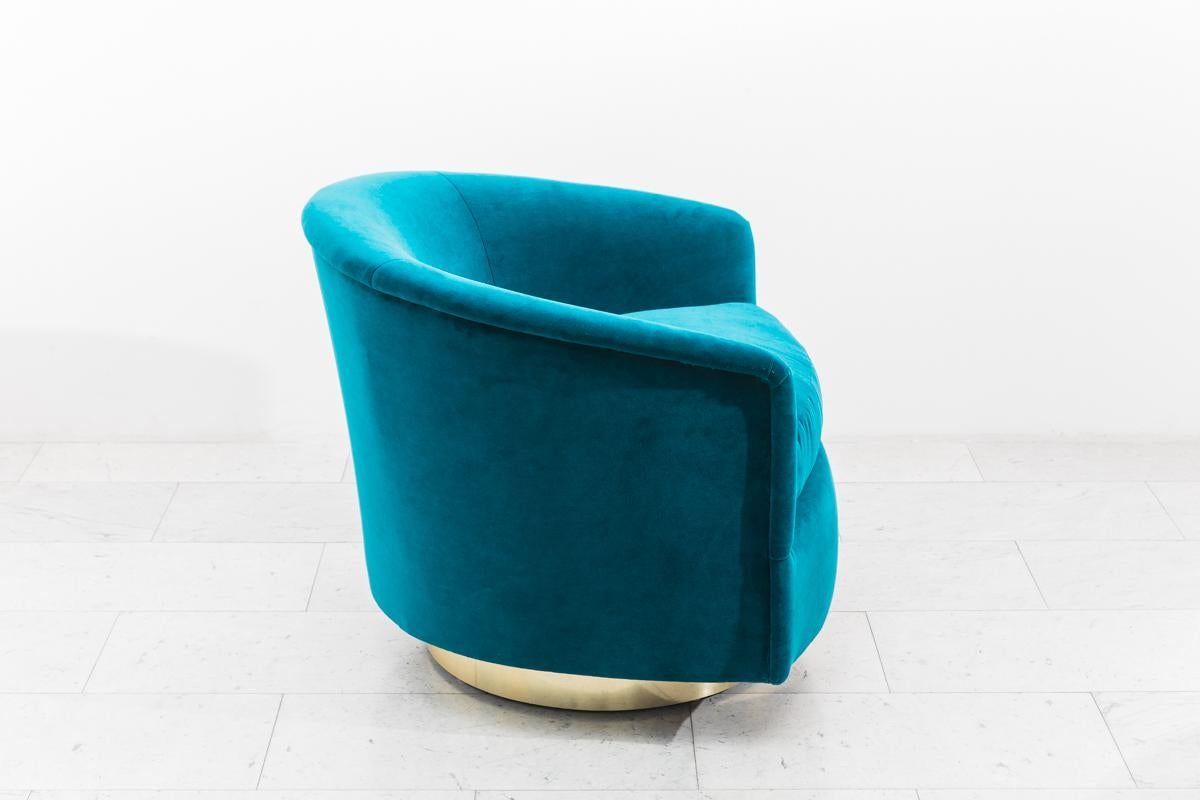 Upholstery Milo Baughman, Pair of Dark Teal Swivel Chairs with Gold Base, USA