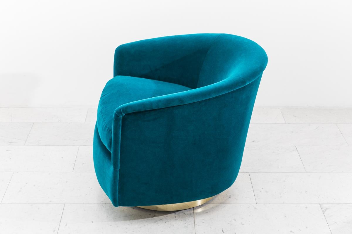 Milo Baughman, Pair of Dark Teal Swivel Chairs with Gold Base, USA 2