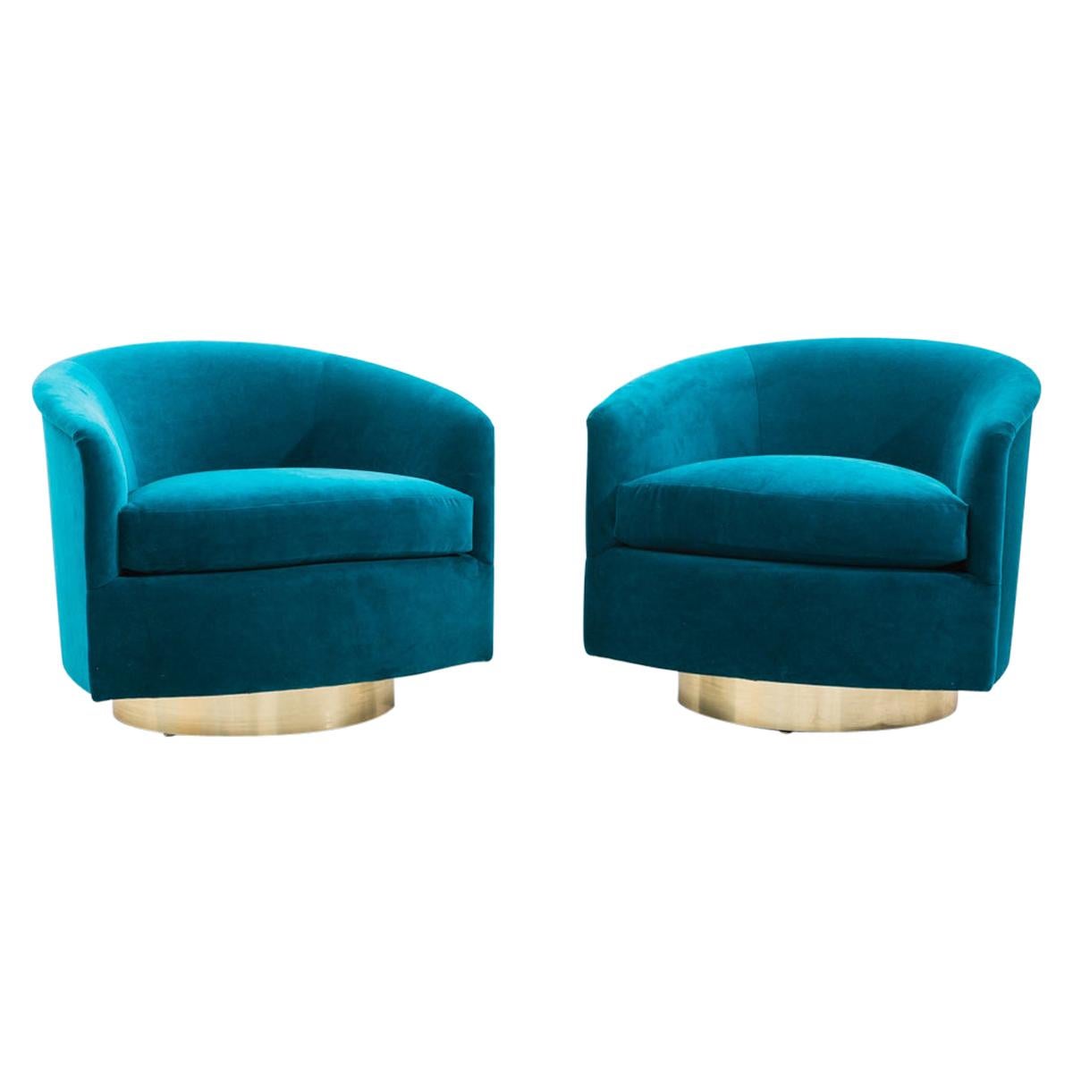 Milo Baughman, Pair of Dark Teal Swivel Chairs with Gold Base, USA