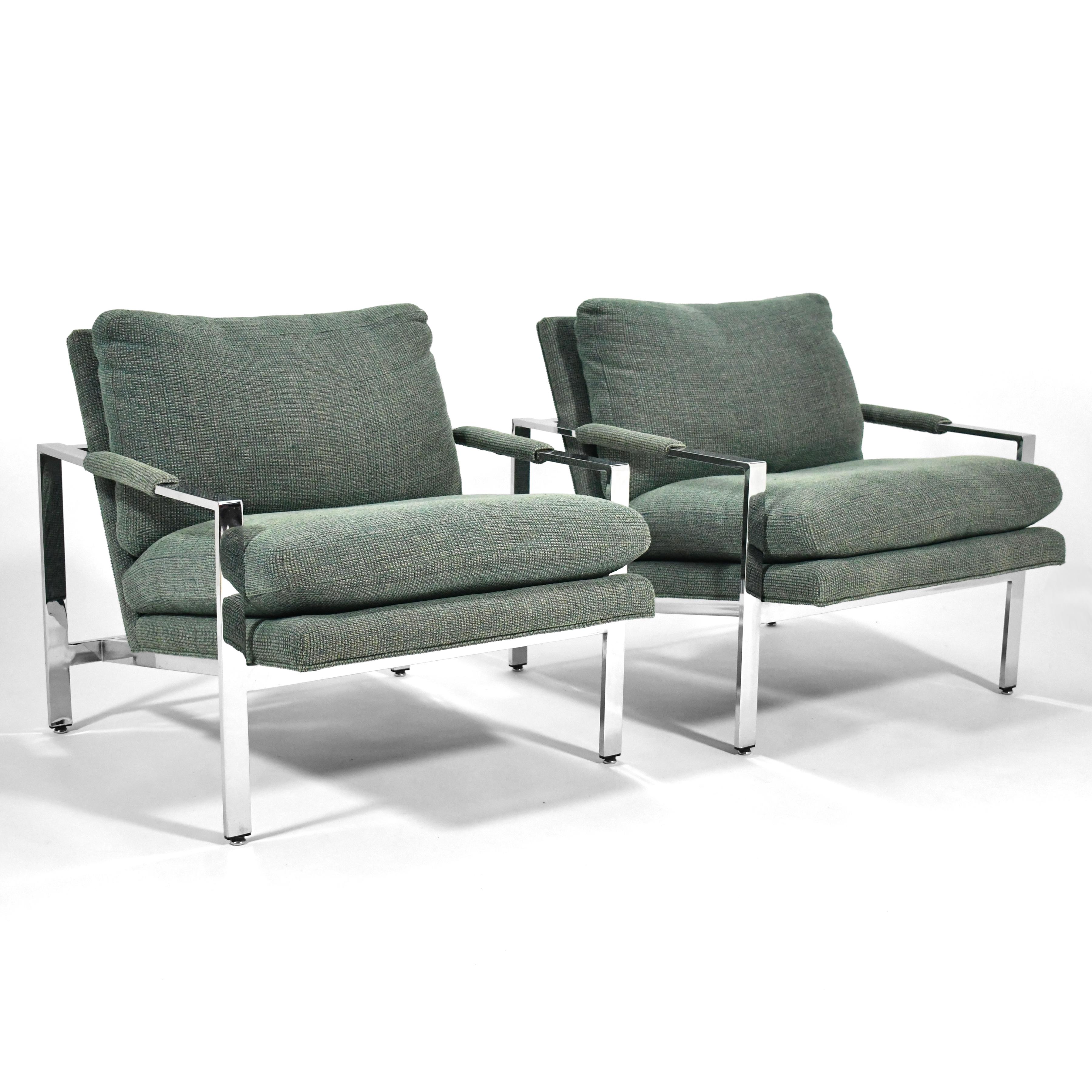Baughman at his best, this clean-lined design features frames of chromed steel that support an upholstered seat. Deeply cushioned seats and upholstered arm rests add to the comfort.

