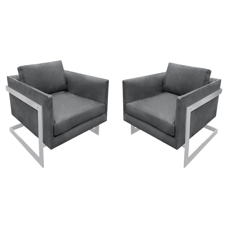 Milo Baughman Pair of Lounge Chairs with Polished Chrome Frames, 1970s For Sale