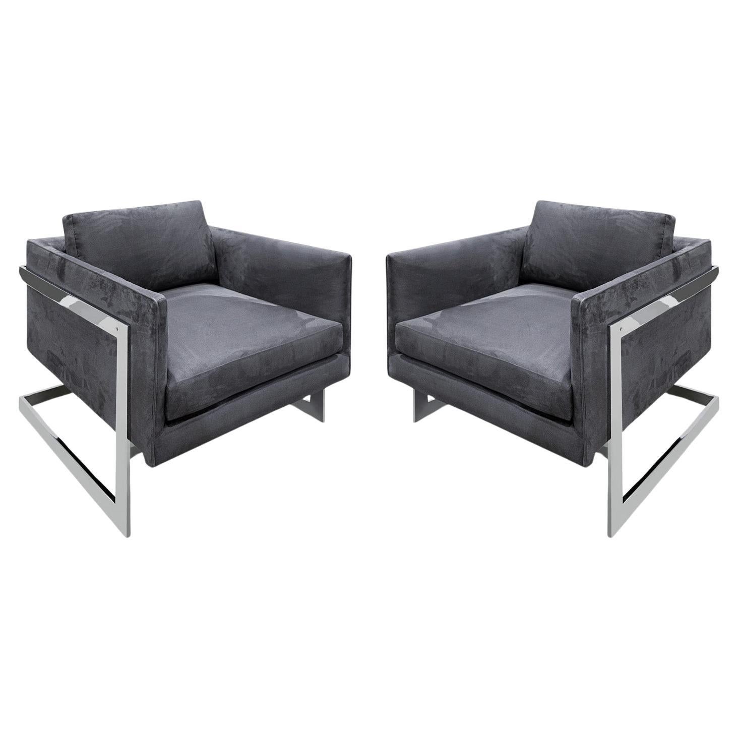Milo Baughman Pair of Lounge Chairs with Polished Chrome Frames 1970s For Sale