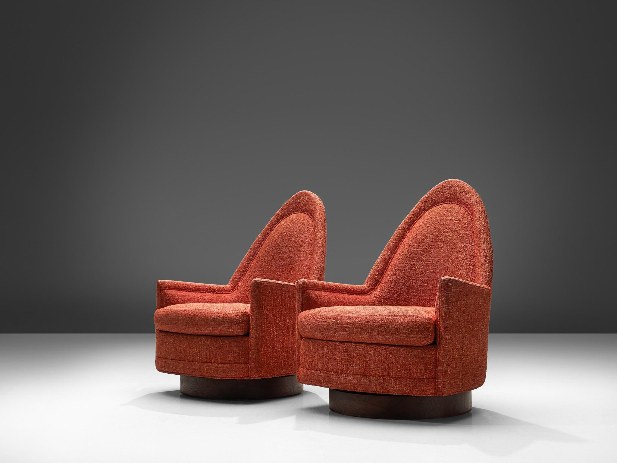 Mid-Century Modern Pair of Swivel Cathedral Chairs in Orange Fabric by Selig