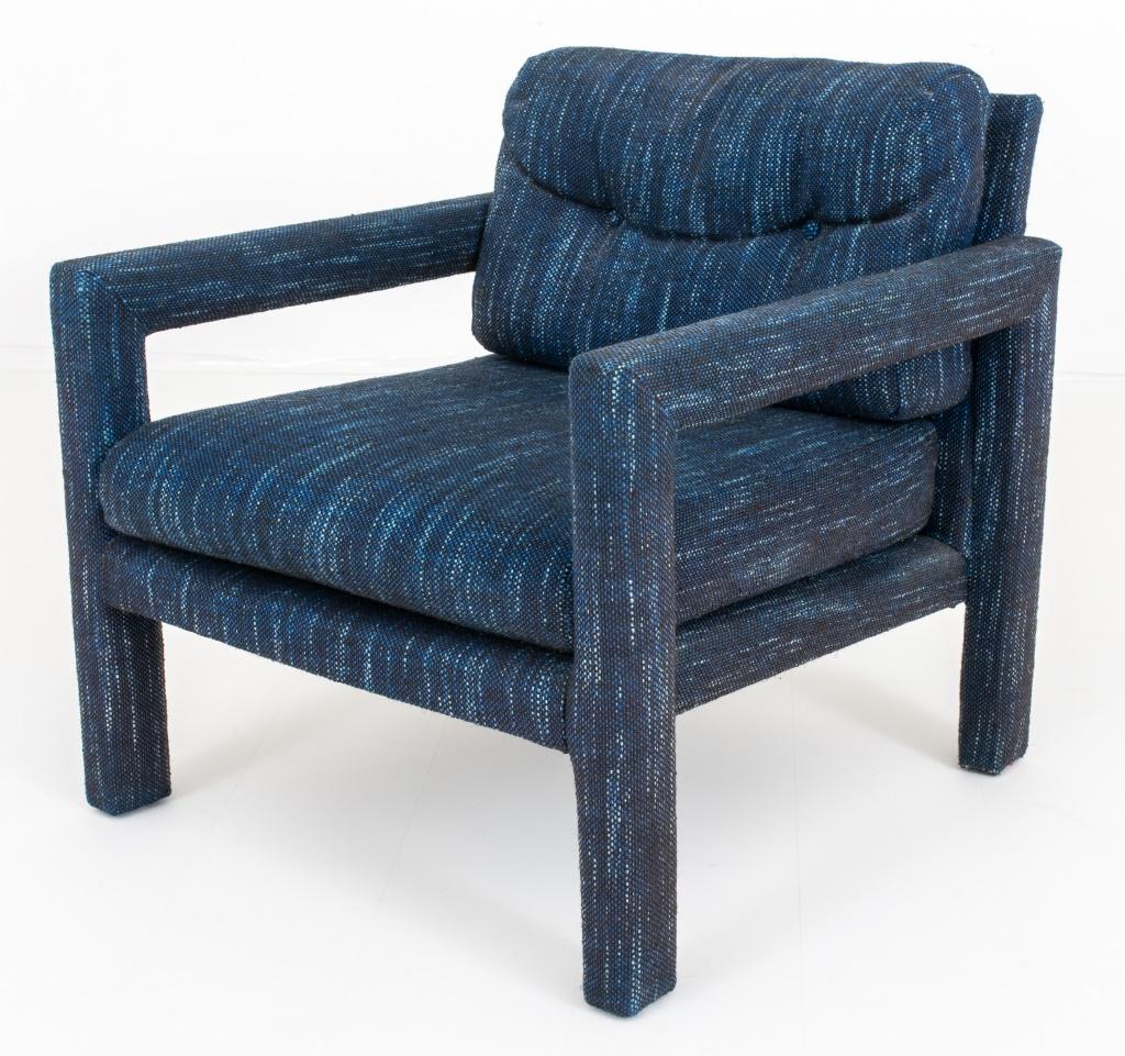 Milo Baughman (American, 1923-2003) upholstered Parsons Club chairs, two (2), likely 1970s or later, of typical form with buttoned back cushions and frames upholstered in a blue-patterned boucle.

Dimensions: 26