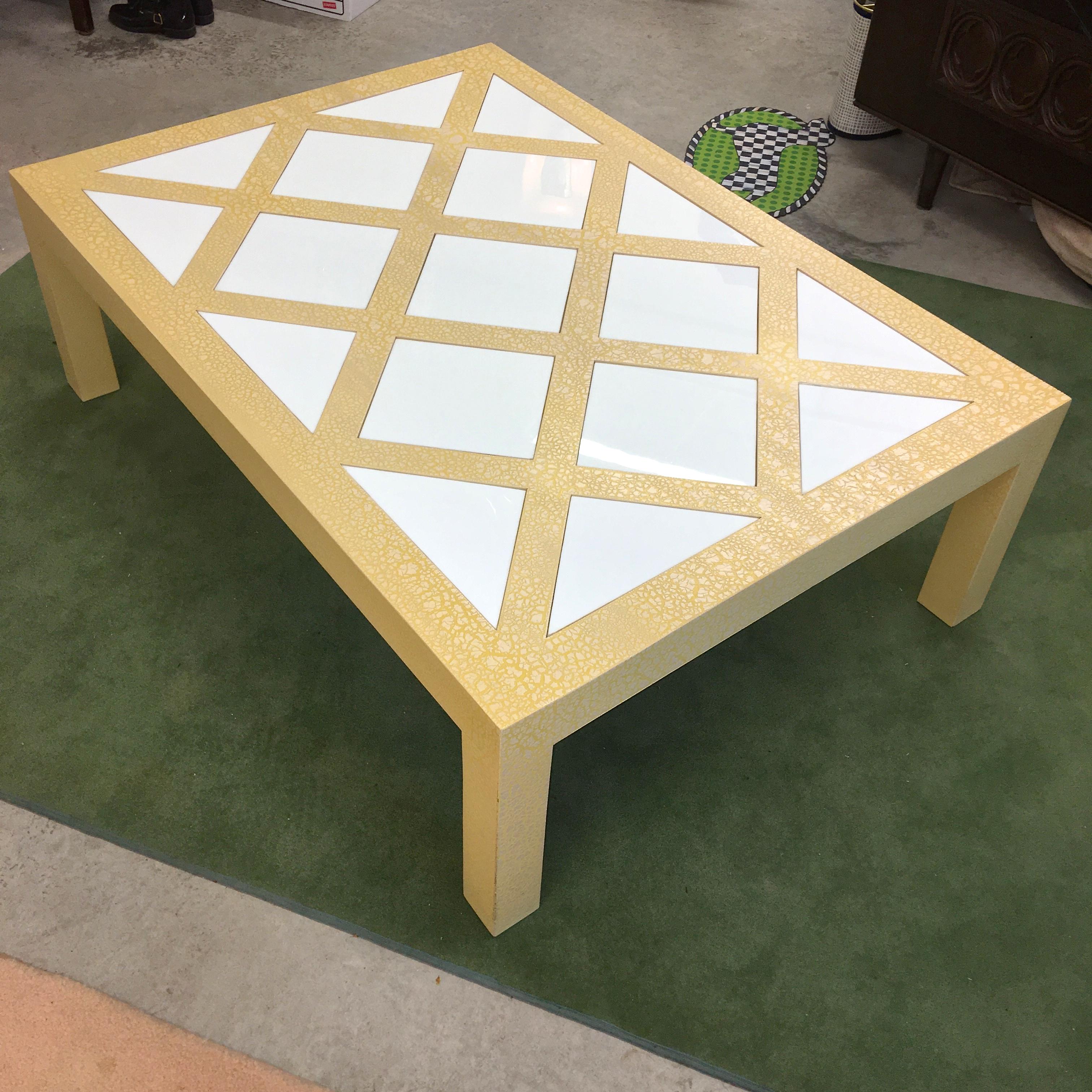 Milo Baughman Style Parsons Cocktail Table with Yellow Crackle and White Glass For Sale 6