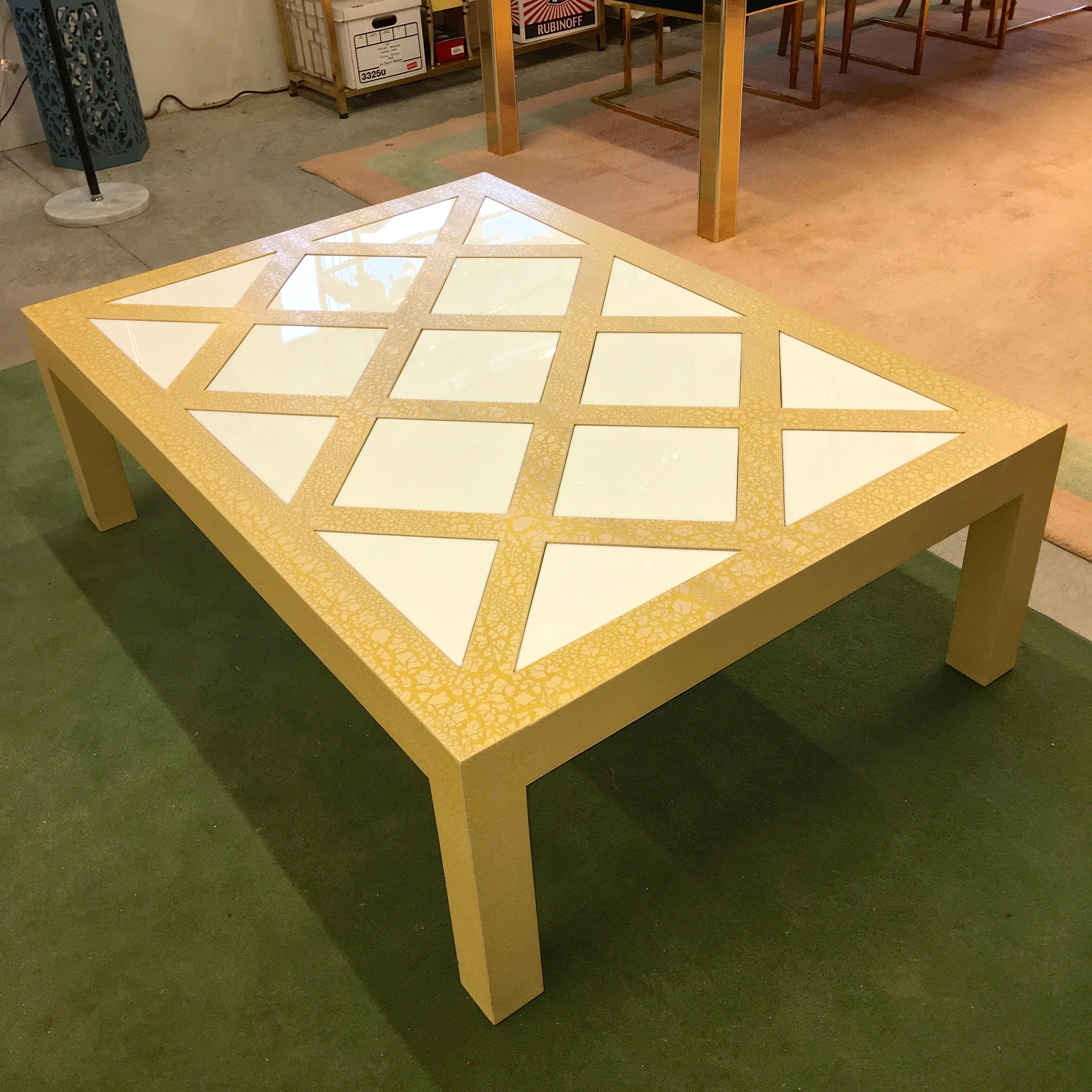 Mid-Century Modern Milo Baughman Style Parsons Cocktail Table with Yellow Crackle and White Glass For Sale