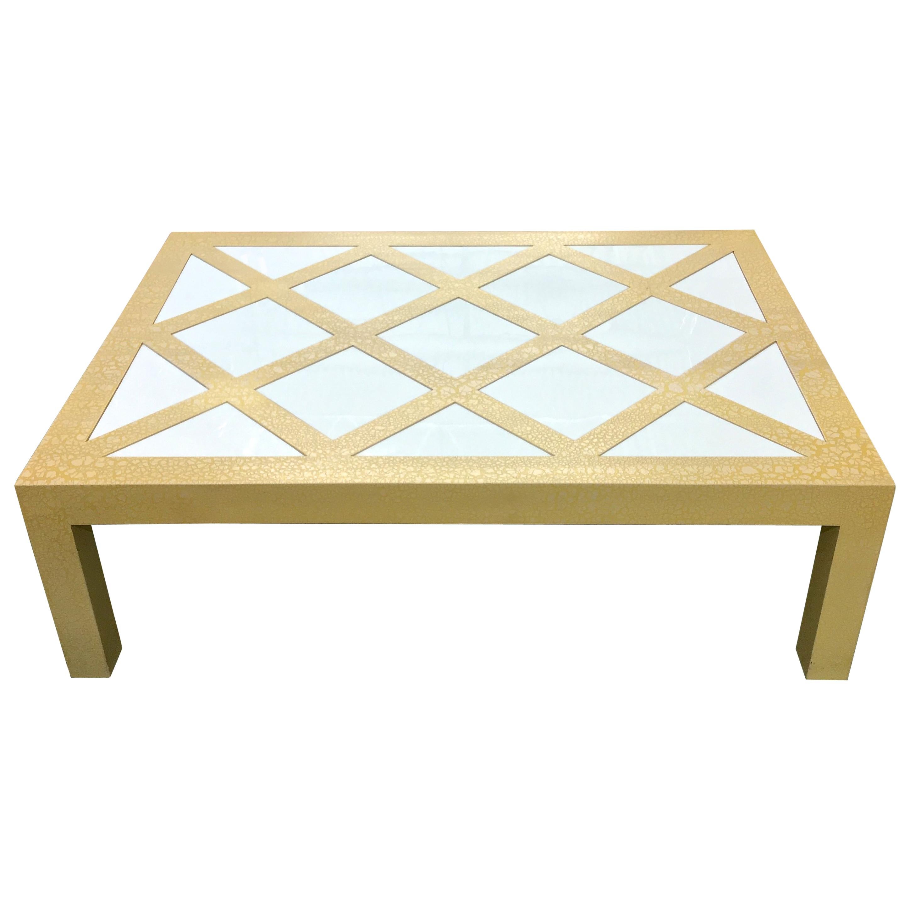 Milo Baughman Style Parsons Cocktail Table with Yellow Crackle and White Glass