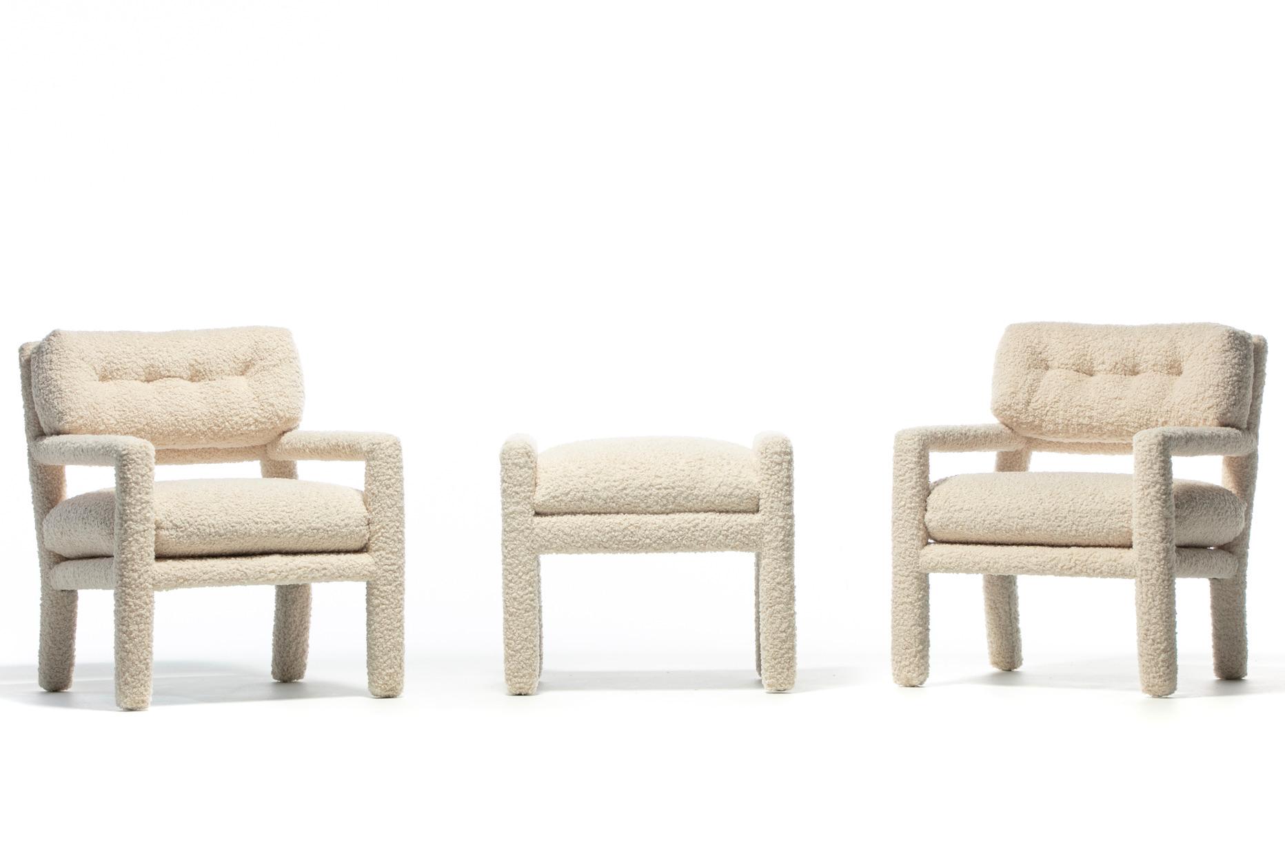 Milo Baughman Parsons Style Ivory Bouclé Chairs with en suite Ottoman c. 1970s  For Sale 7