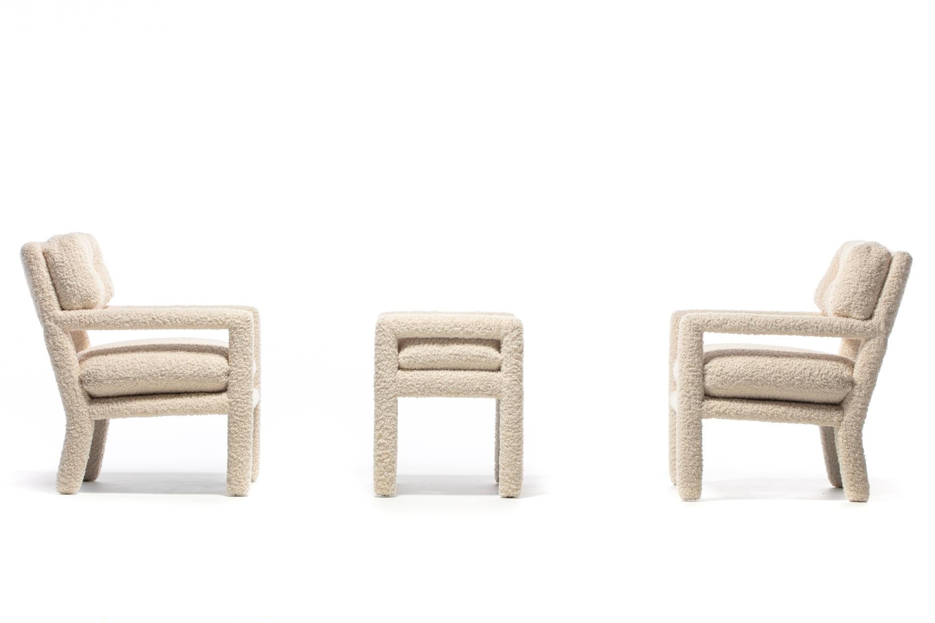 Milo Baughman Parsons Style Ivory Bouclé Chairs with en suite Ottoman c. 1970s  For Sale 12