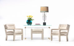 Milo Baughman Parsons Style Ivory Bouclé Chairs with en suite Ottoman c. 1970s