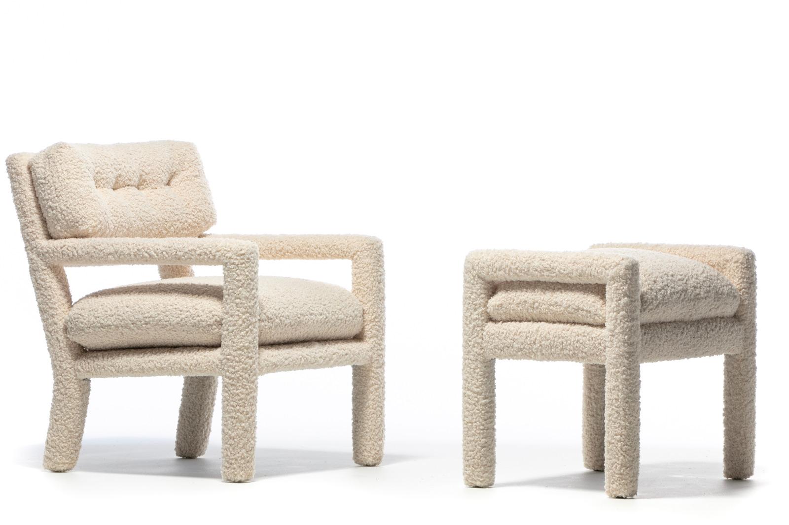 Milo Baughman Parsons Style Ivory Bouclé Chairs with en suite Ottoman c. 1970s  For Sale 14