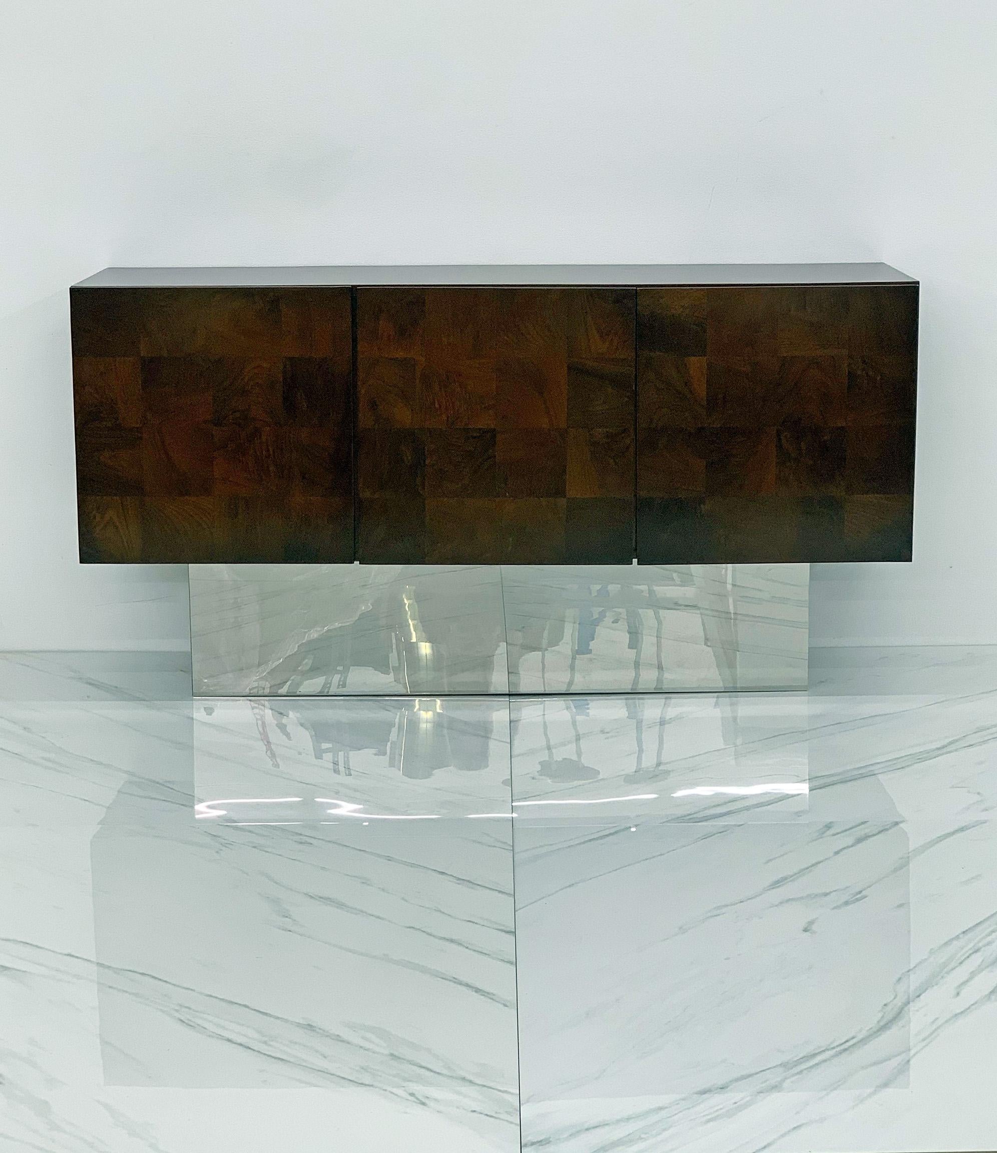 Late 20th Century Milo Baughman Patchwork Burl and Chrome Credenza, Thayer Coggin, 1970's