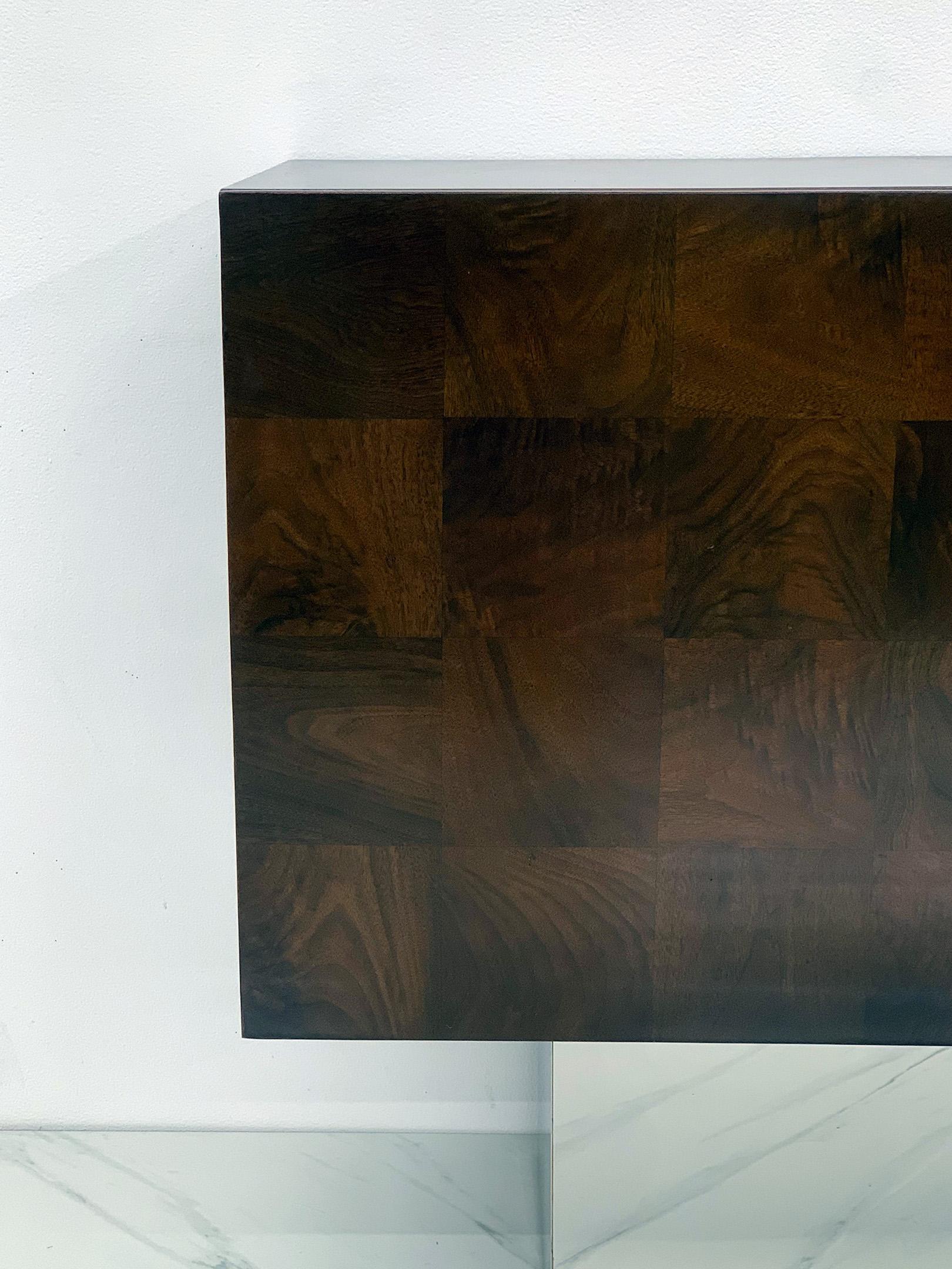 Stainless Steel Milo Baughman Patchwork Burl and Chrome Credenza, Thayer Coggin, 1970's